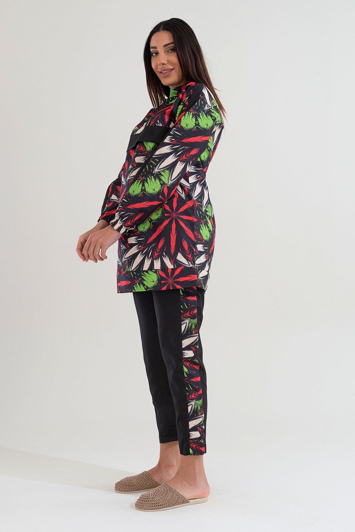 Desenli Tam Kapalı Tesettür Mayo Haşema