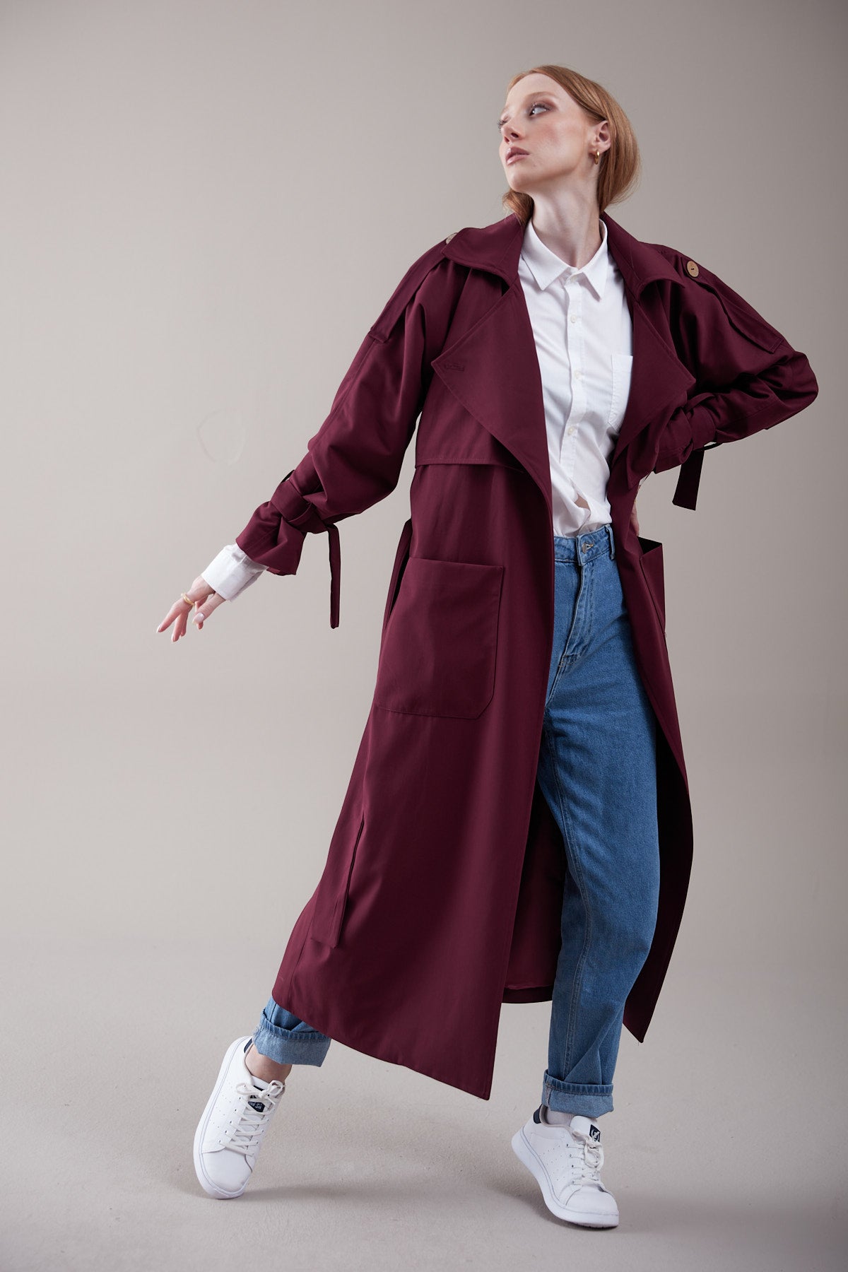 Trençkot Oversize Kol Detaylı Cepli Kuşaklı Astarlı Geniş Kesim Dina