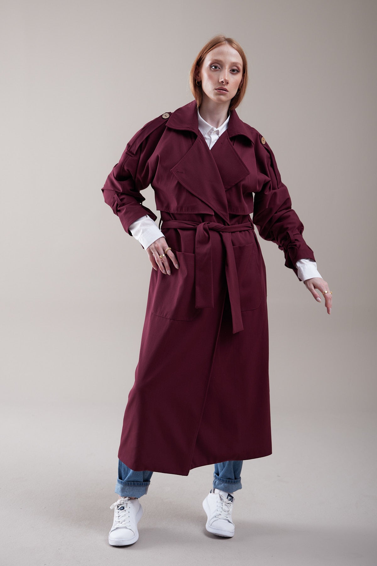 Trençkot Oversize Kol Detaylı Cepli Kuşaklı Astarlı Geniş Kesim Dina