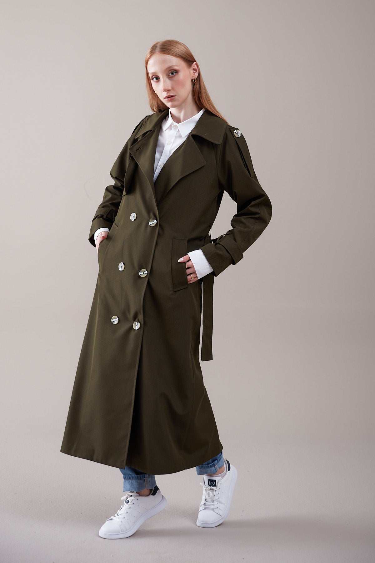Trençkot Oversize Kol Detaylı Astarlı Geniş Kesim Momente