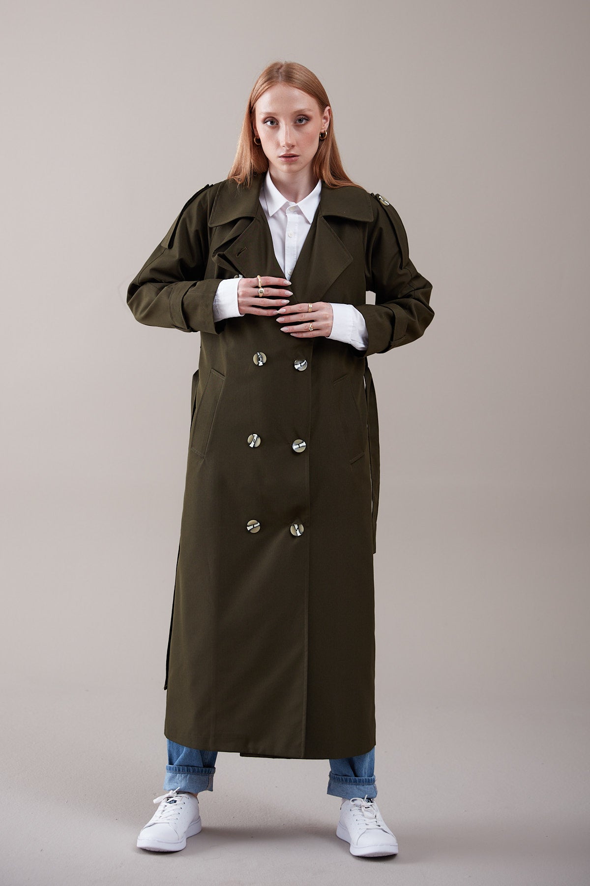 Trençkot Oversize Kol Detaylı Astarlı Geniş Kesim Momente