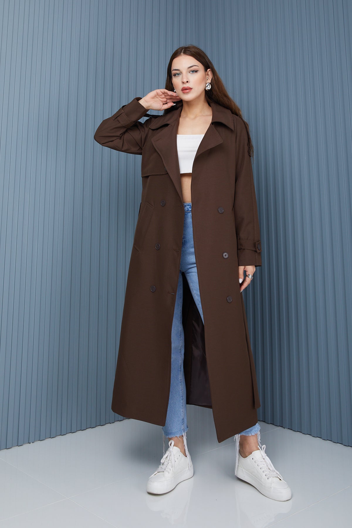 Trençkot Oversize Kol Detaylı Astarlı Geniş Kesim Momente