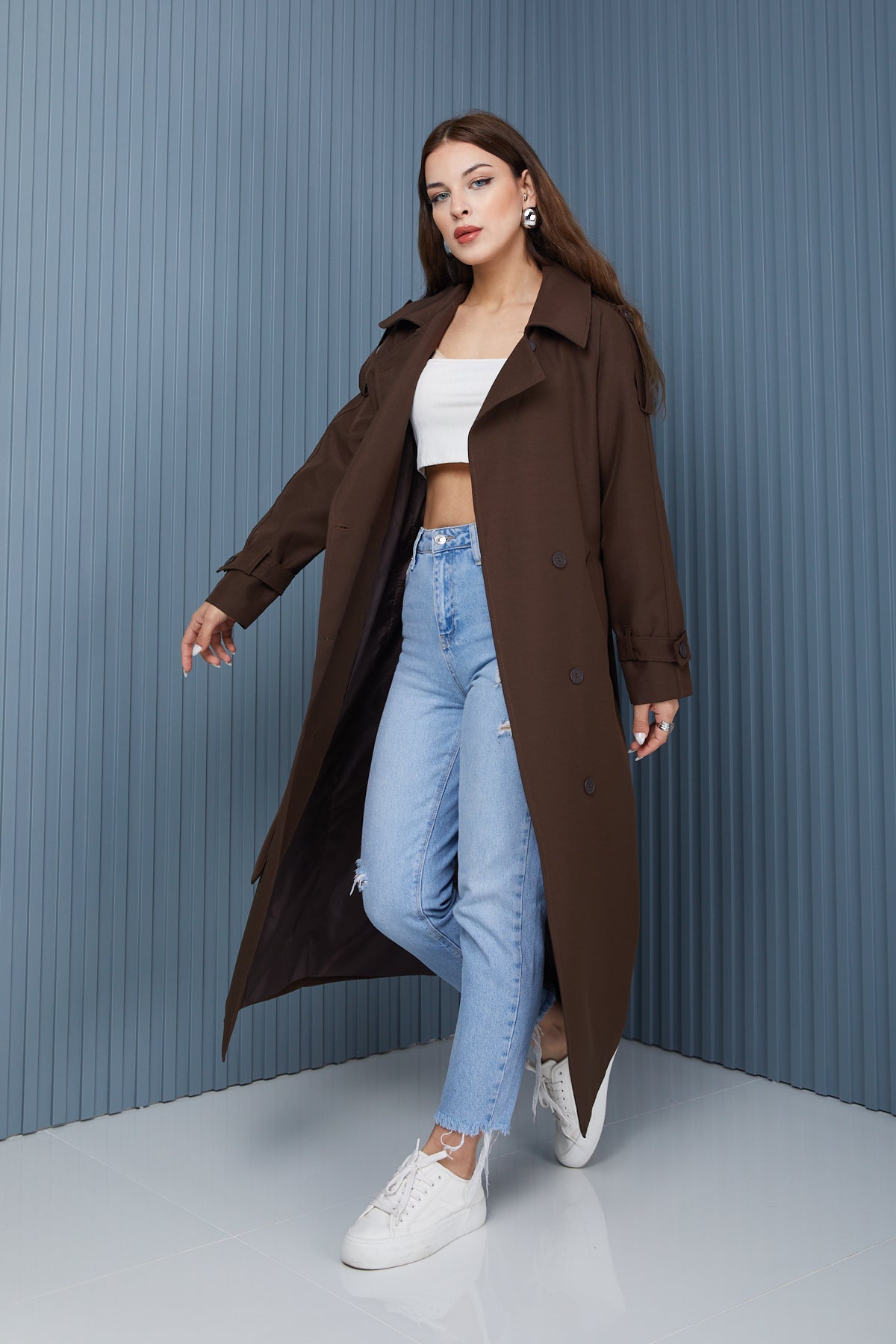 Trençkot Oversize Kol Detaylı Astarlı Geniş Kesim Momente