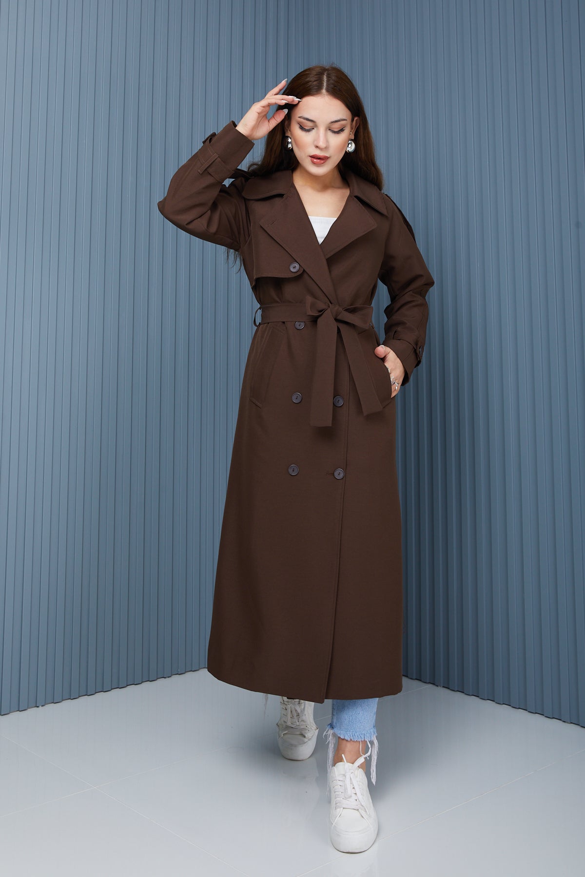 Trençkot Oversize Kol Detaylı Astarlı Geniş Kesim Momente