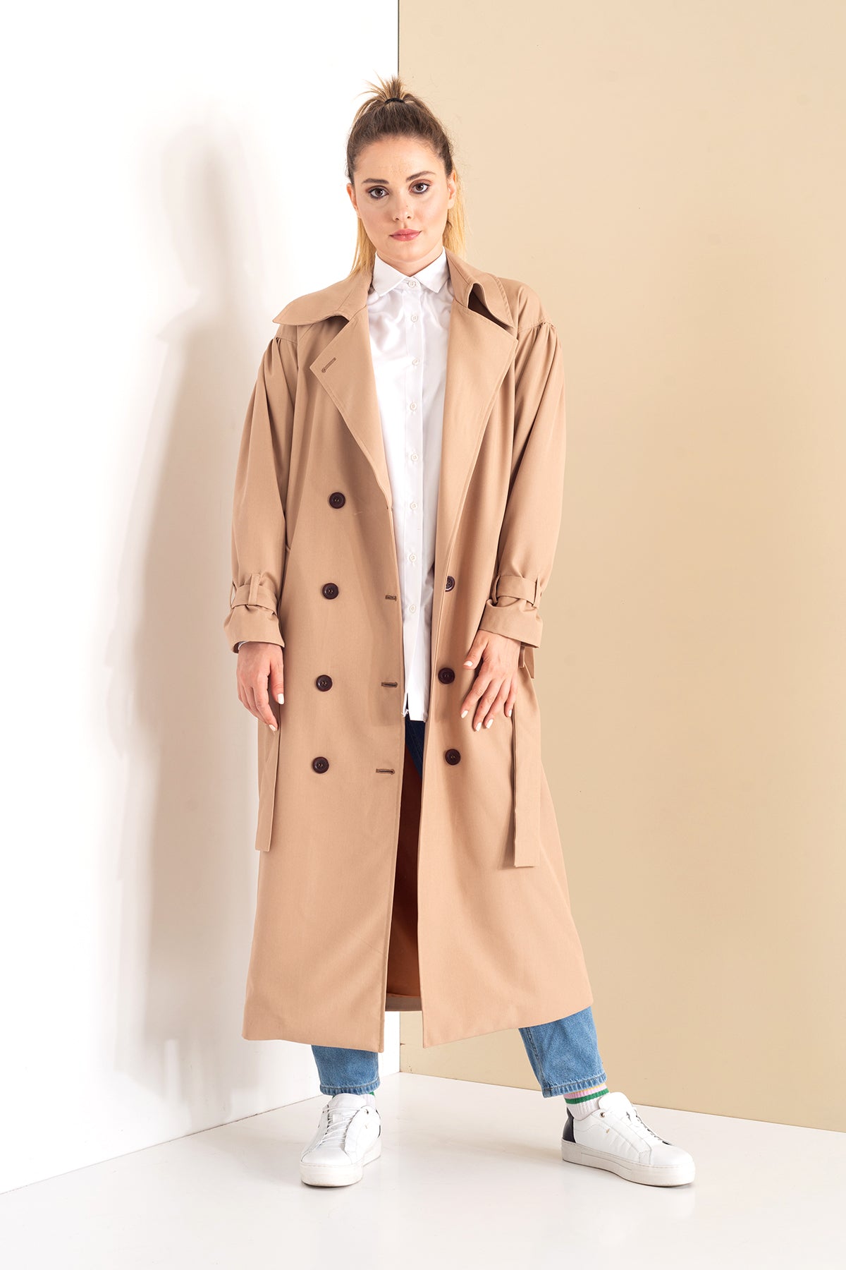 Trençkot Oversize Kol Detaylı Astarlı Geniş Kesim Pleated