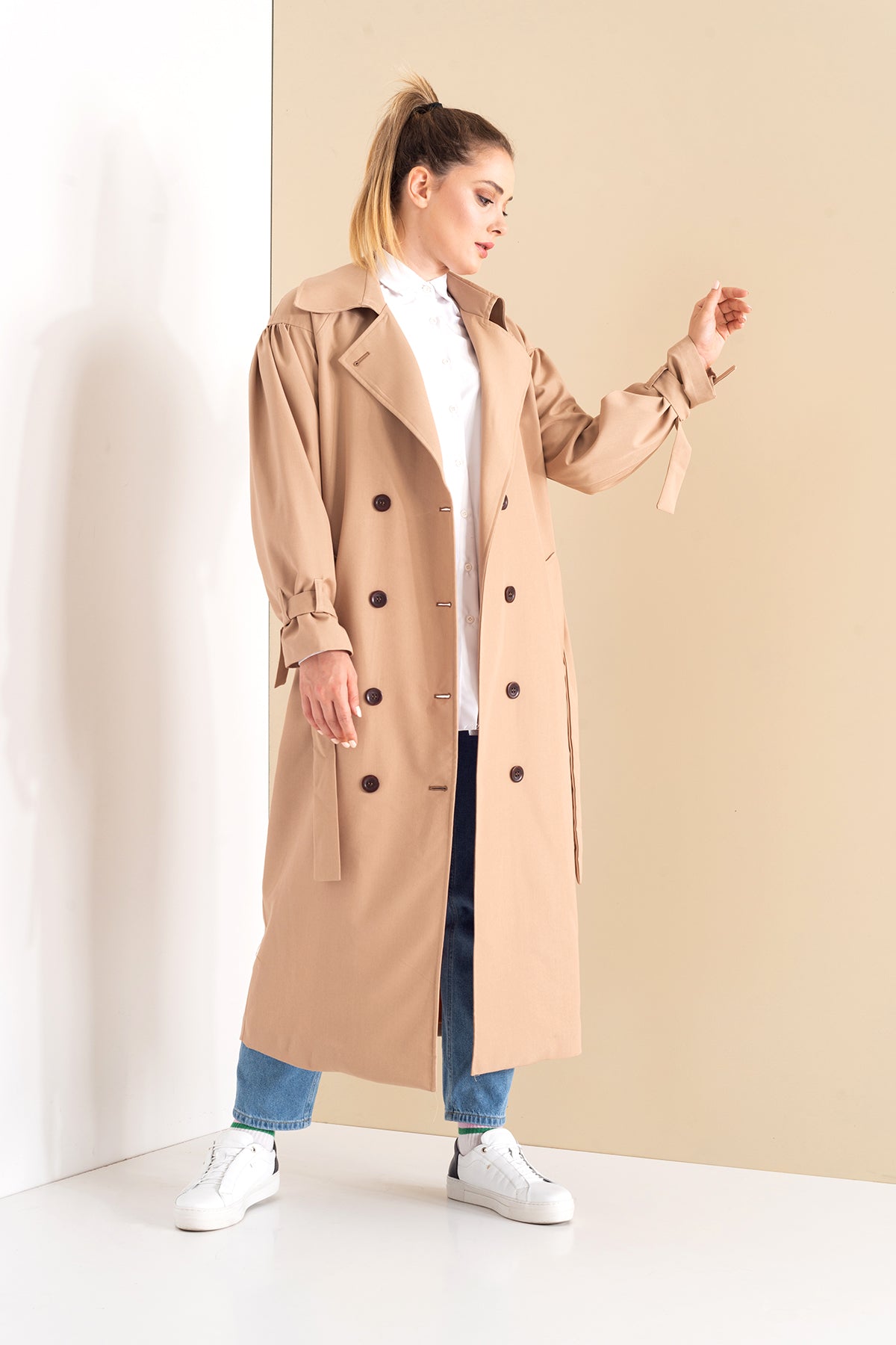 Trençkot Oversize Kol Detaylı Astarlı Geniş Kesim Pleated