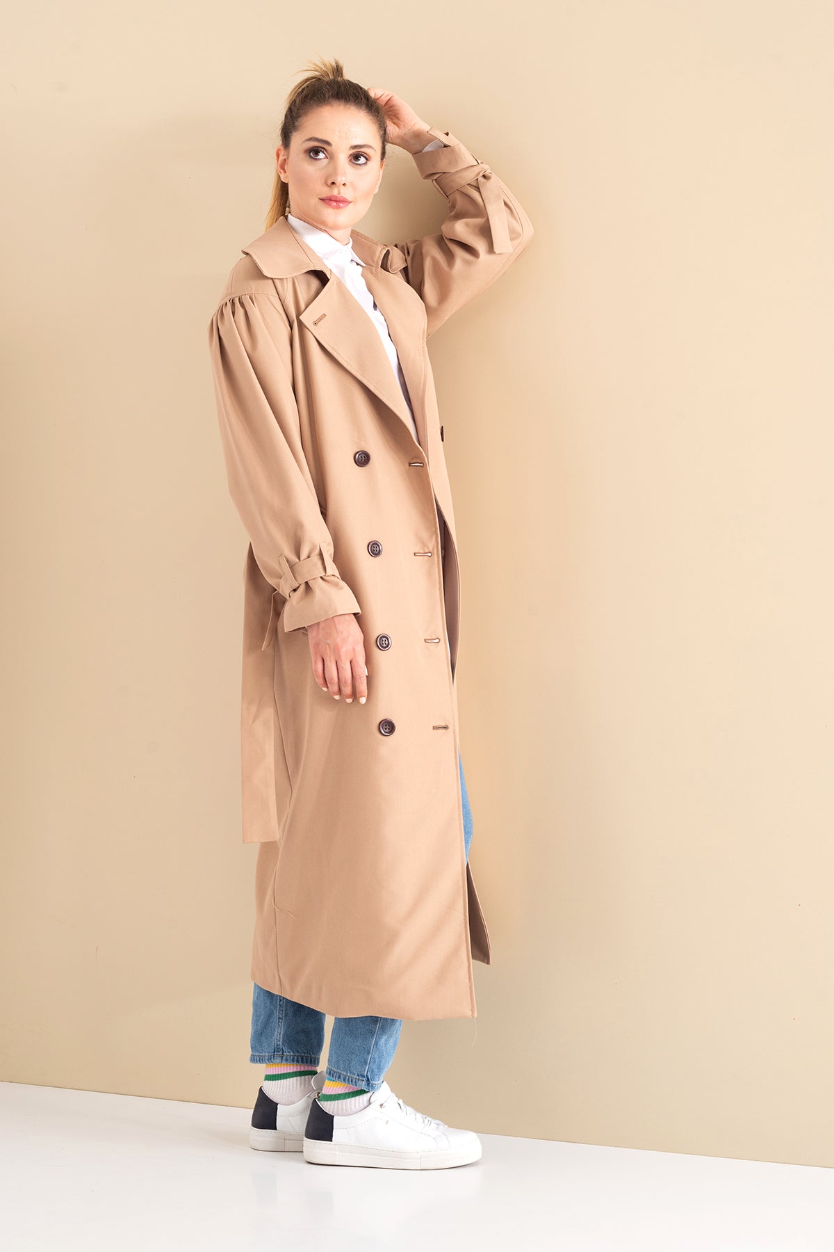Trençkot Oversize Kol Detaylı Astarlı Geniş Kesim Pleated