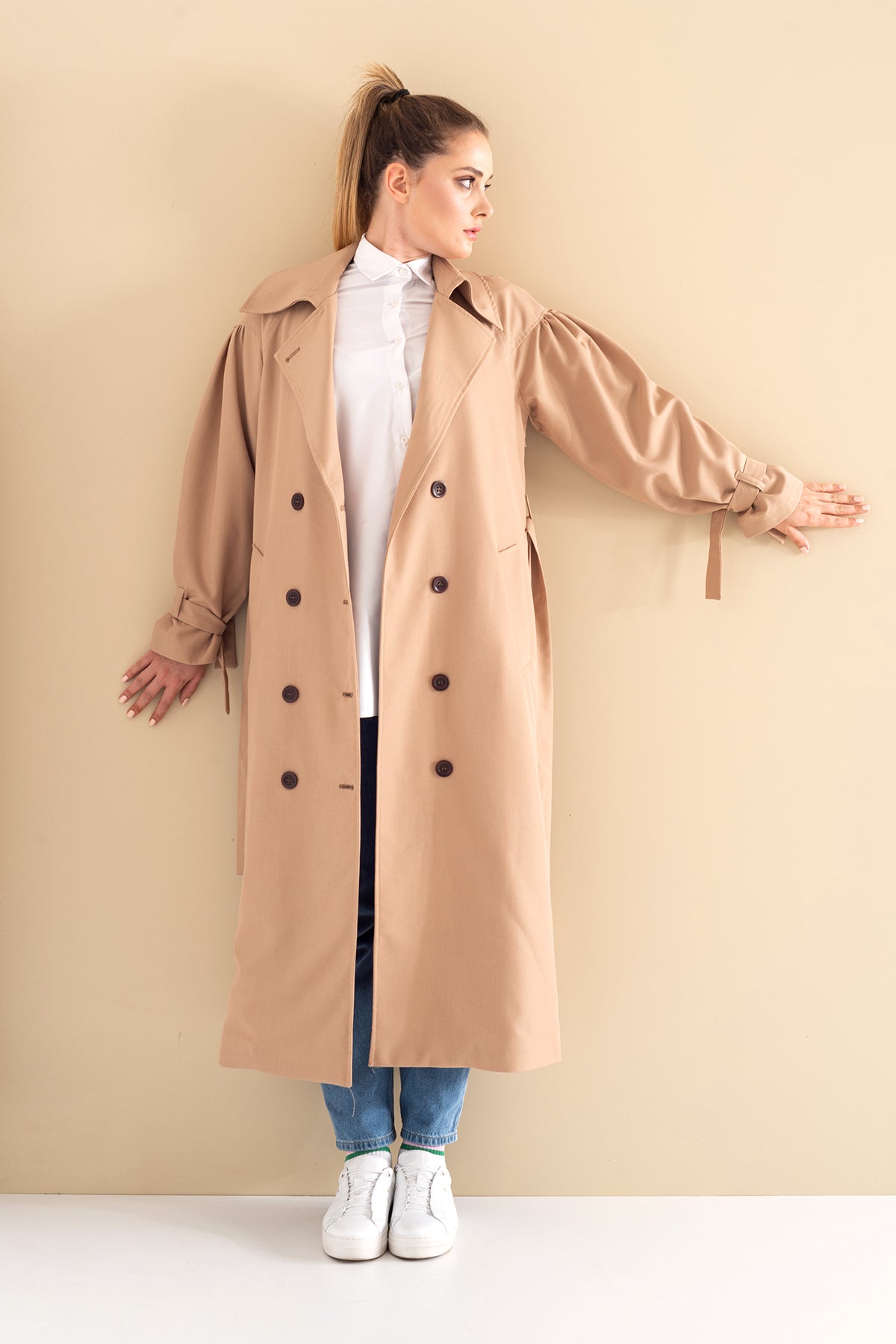 Trençkot Oversize Kol Detaylı Astarlı Geniş Kesim Pleated