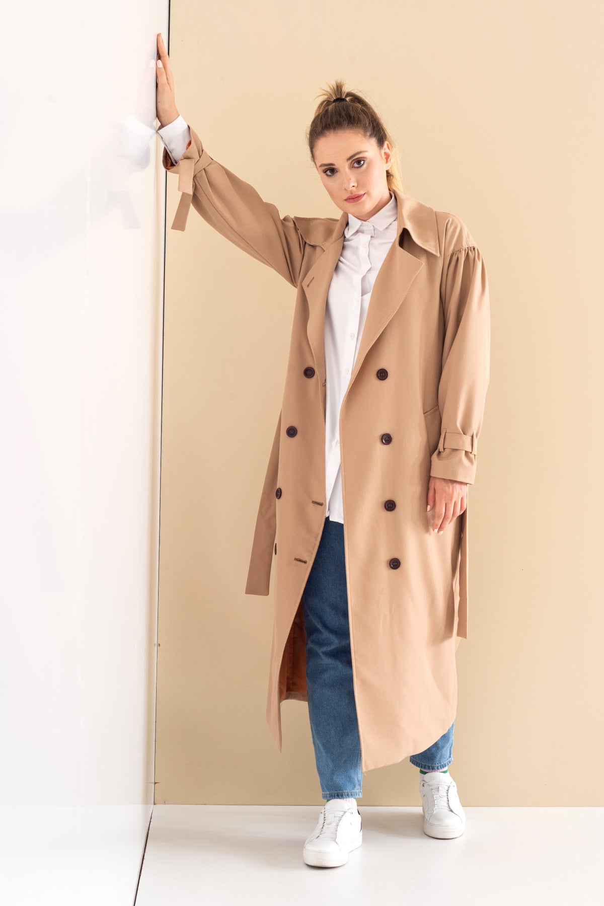 Trençkot Oversize Kol Detaylı Astarlı Geniş Kesim Pleated