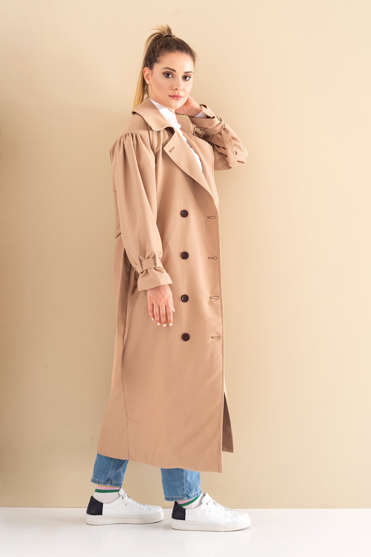 Trençkot Oversize Kol Detaylı Astarlı Geniş Kesim Pleated