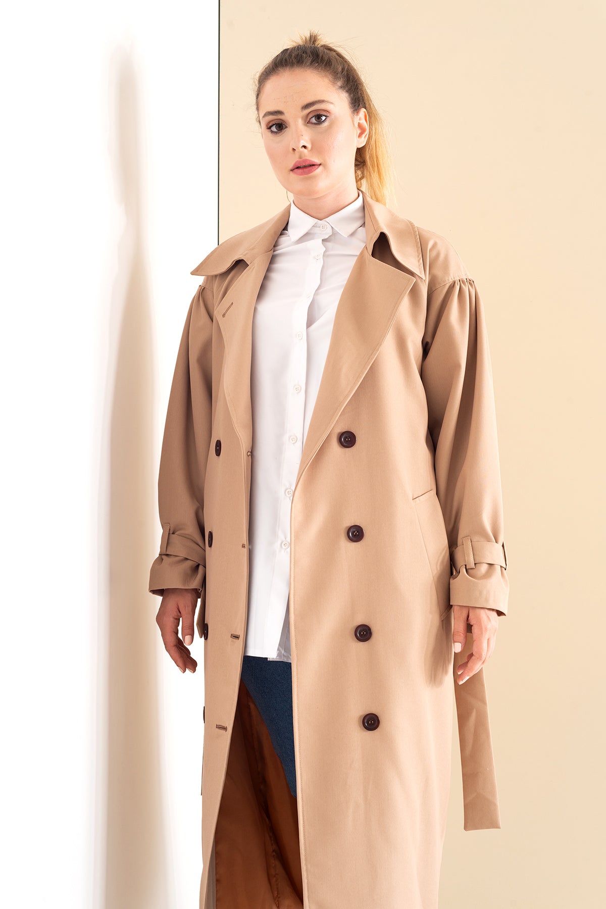 Trençkot Oversize Kol Detaylı Astarlı Geniş Kesim Pleated