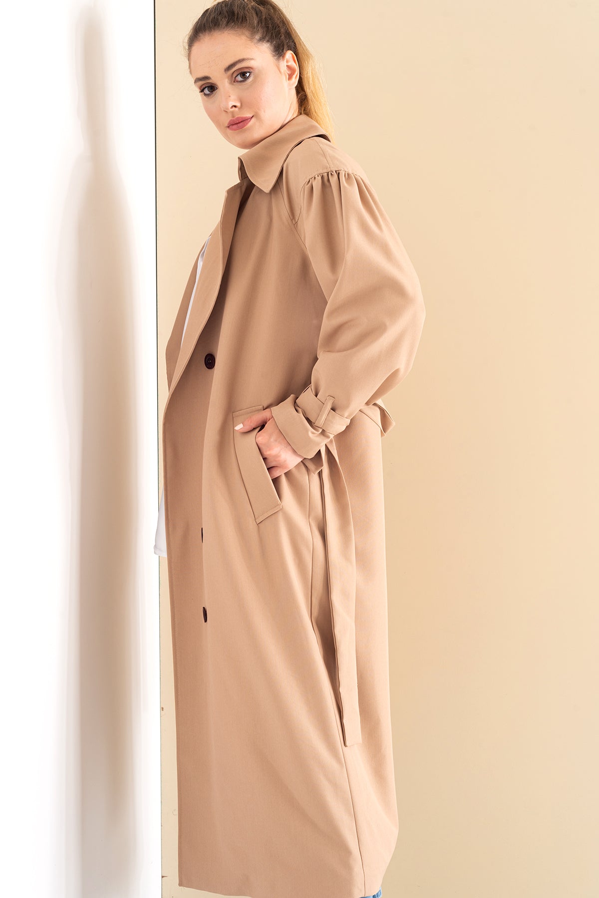 Trençkot Oversize Kol Detaylı Astarlı Geniş Kesim Pleated