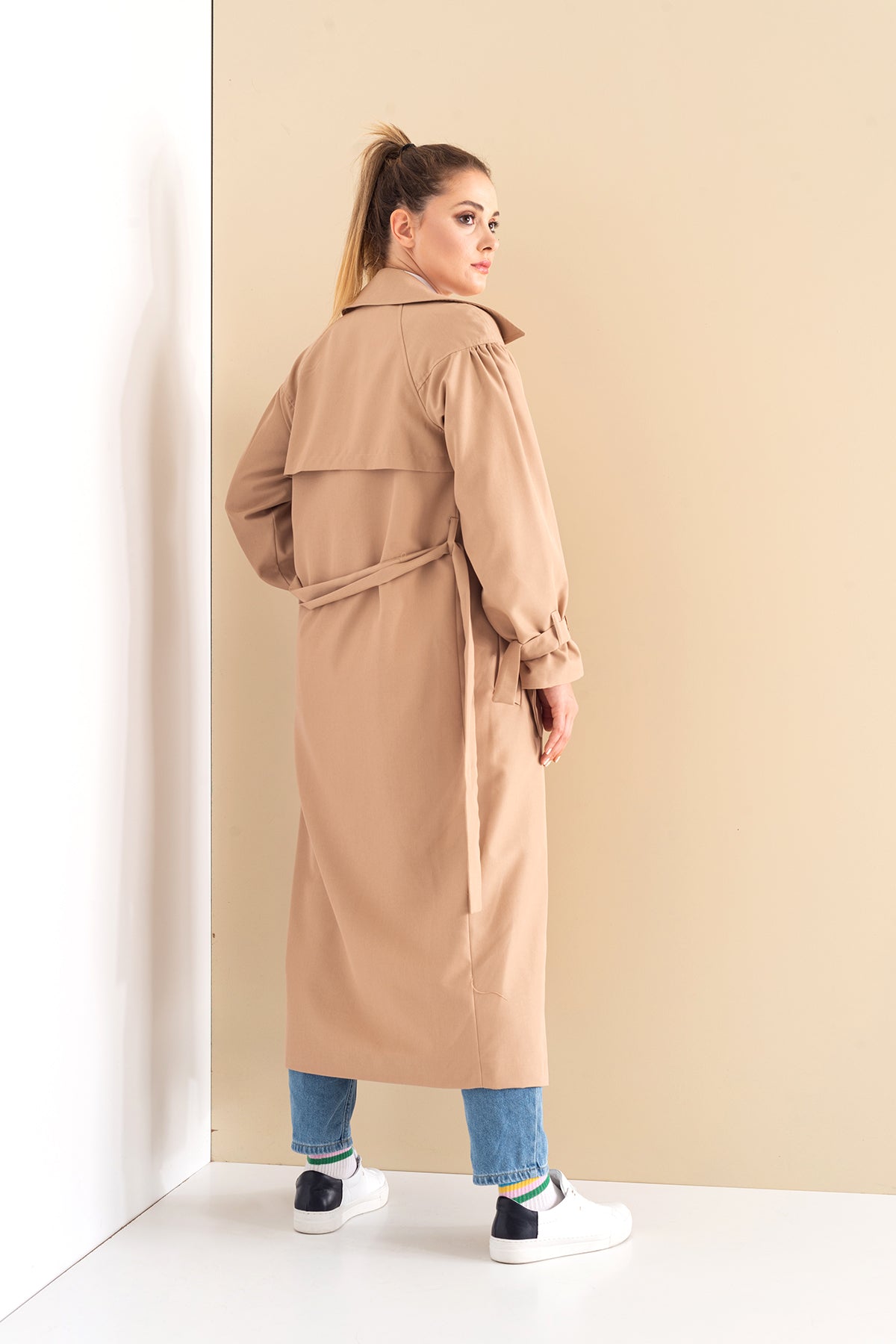 Trençkot Oversize Kol Detaylı Astarlı Geniş Kesim Pleated