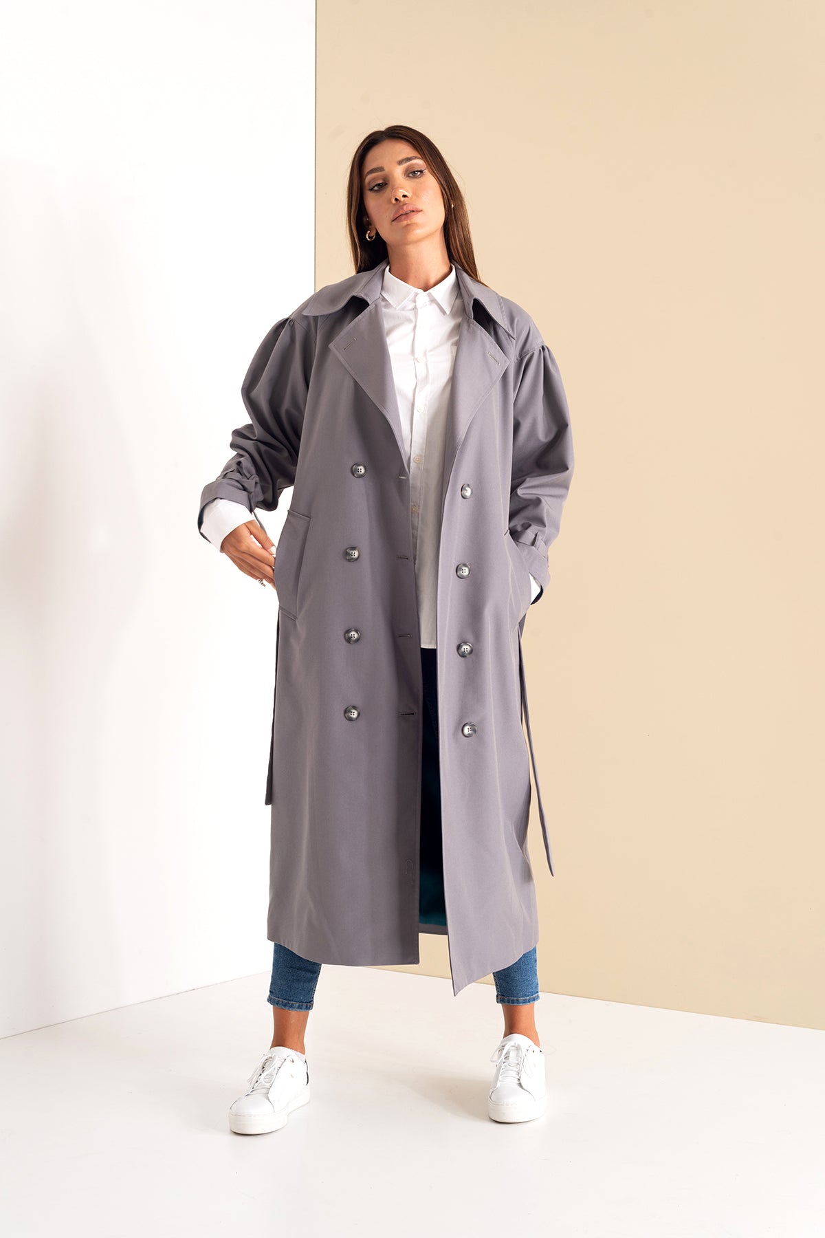 Trençkot Oversize Kol Detaylı Astarlı Geniş Kesim Pleated