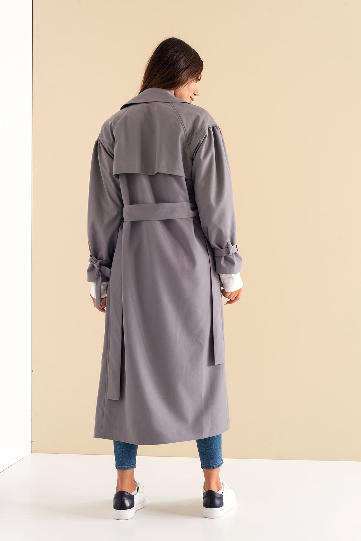 Trençkot Oversize Kol Detaylı Astarlı Geniş Kesim Pleated