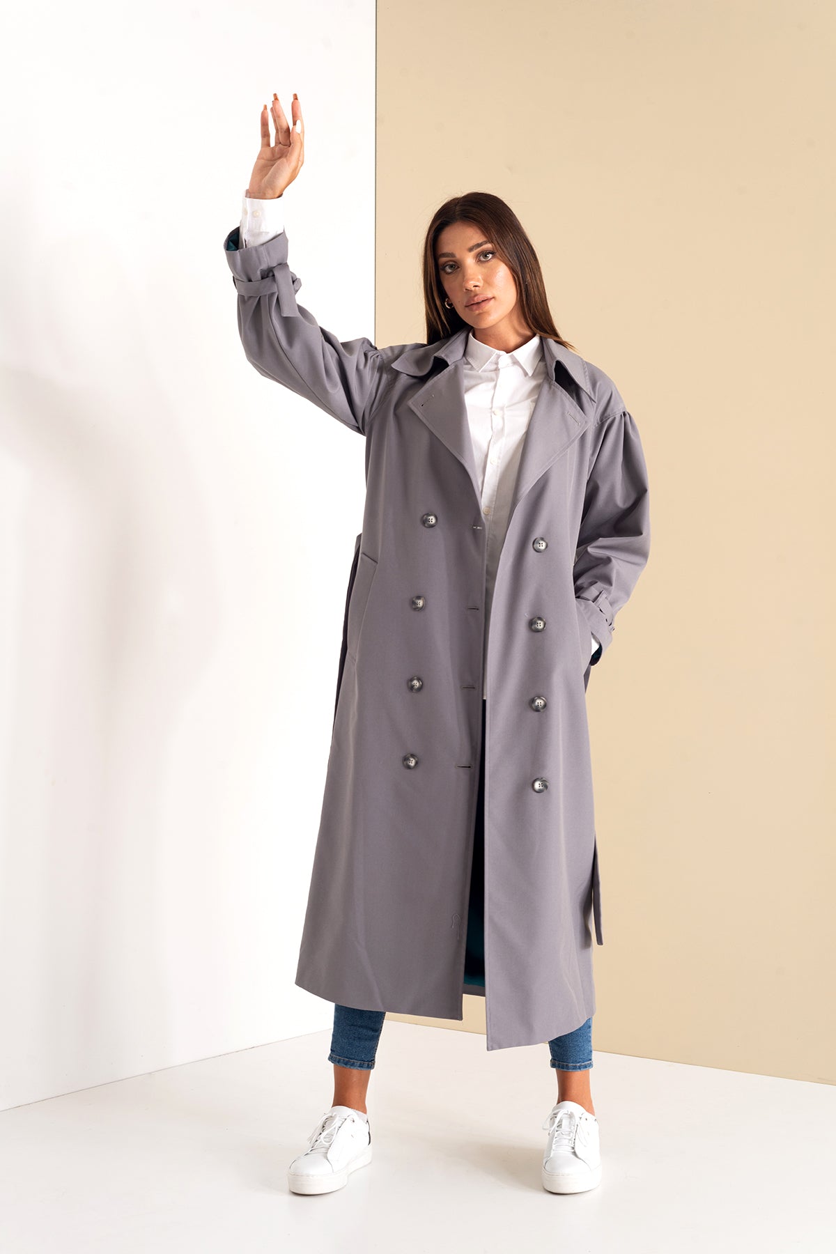 Trençkot Oversize Kol Detaylı Astarlı Geniş Kesim Pleated