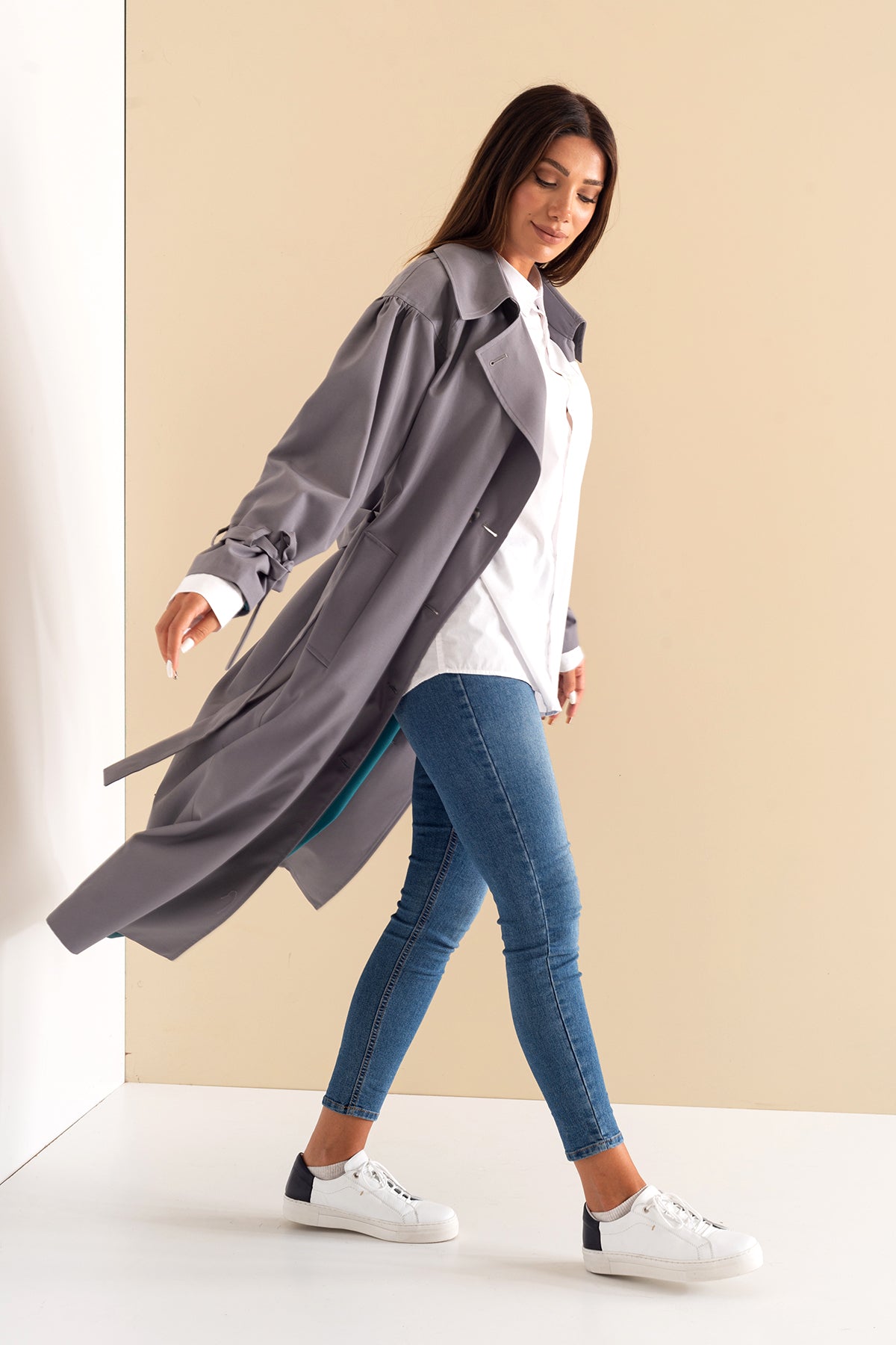 Trençkot Oversize Kol Detaylı Astarlı Geniş Kesim Pleated