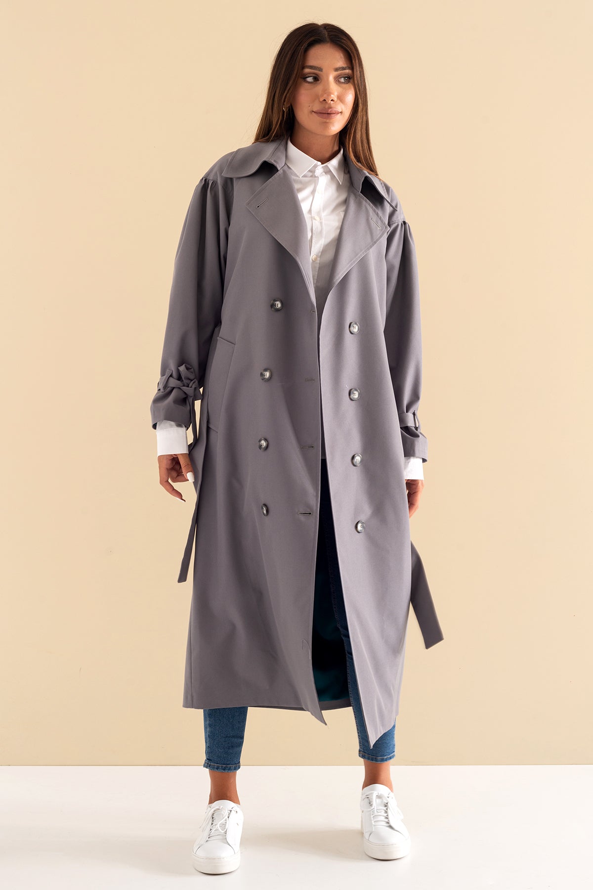 Trençkot Oversize Kol Detaylı Astarlı Geniş Kesim Pleated