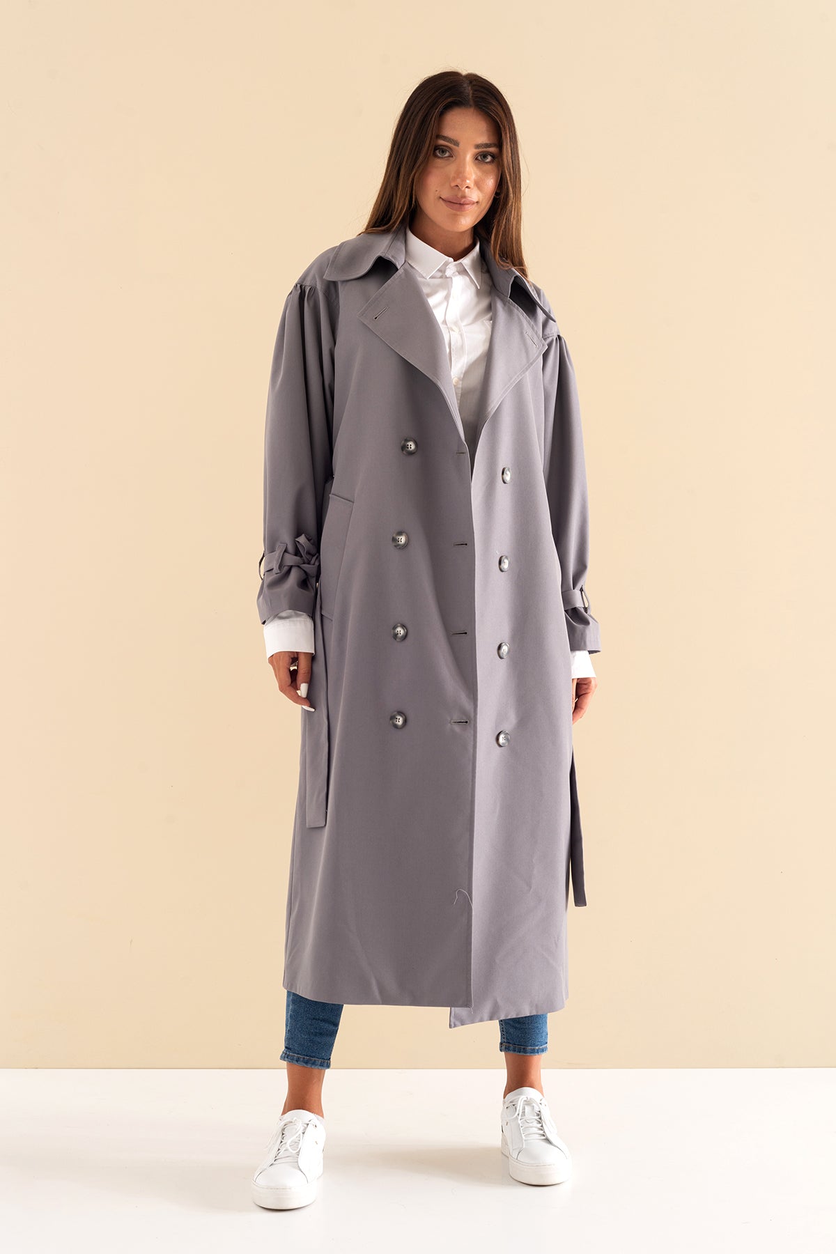 Trençkot Oversize Kol Detaylı Astarlı Geniş Kesim Pleated