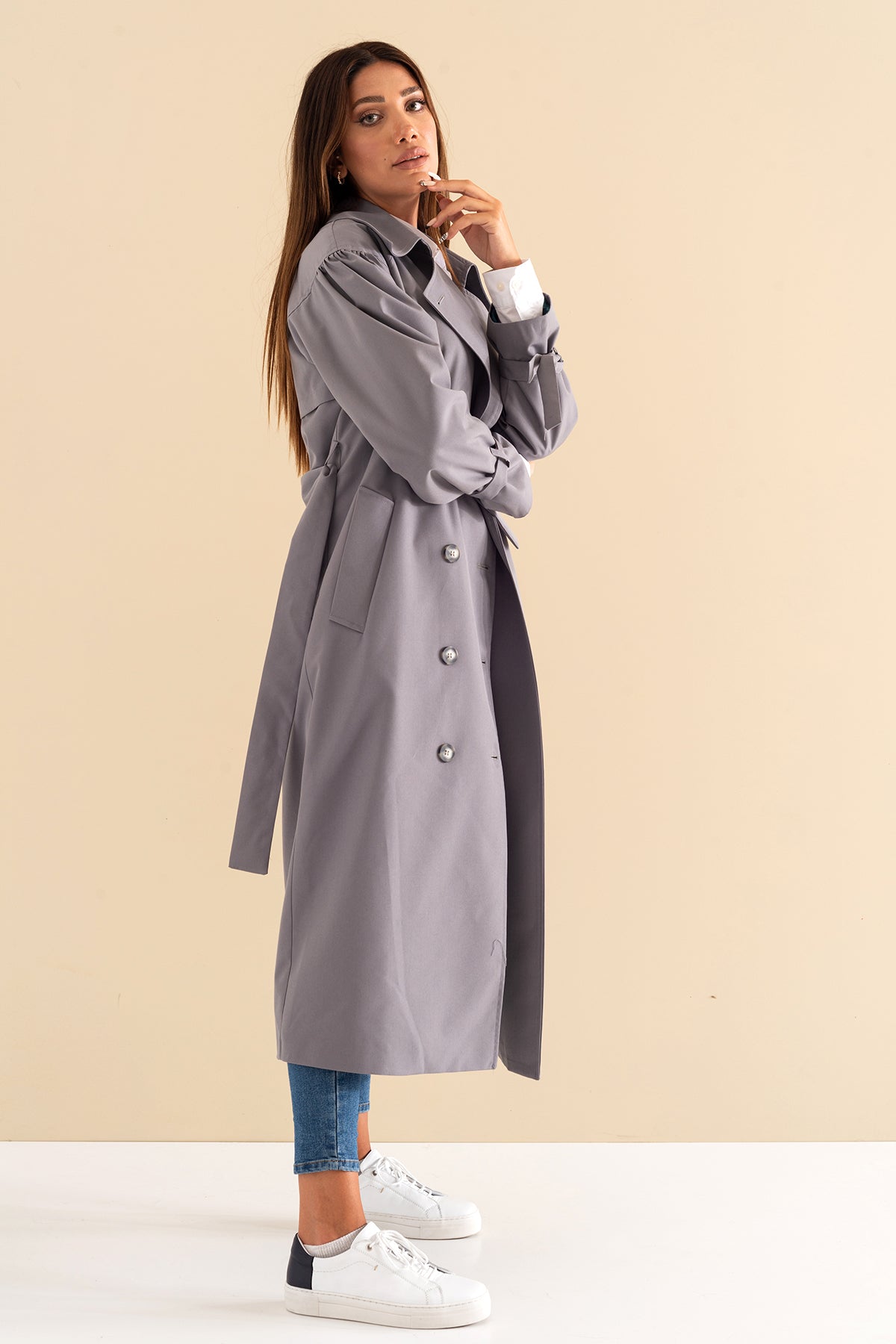 Trençkot Oversize Kol Detaylı Astarlı Geniş Kesim Pleated