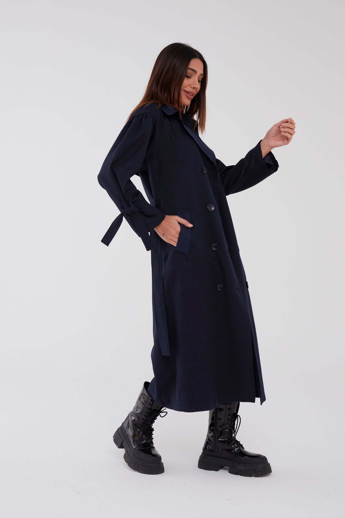 Trençkot Oversize Kol Detaylı Astarlı Geniş Kesim Pleated