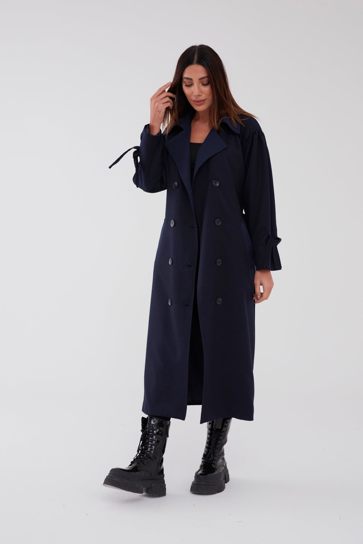 Trençkot Oversize Kol Detaylı Astarlı Geniş Kesim Pleated