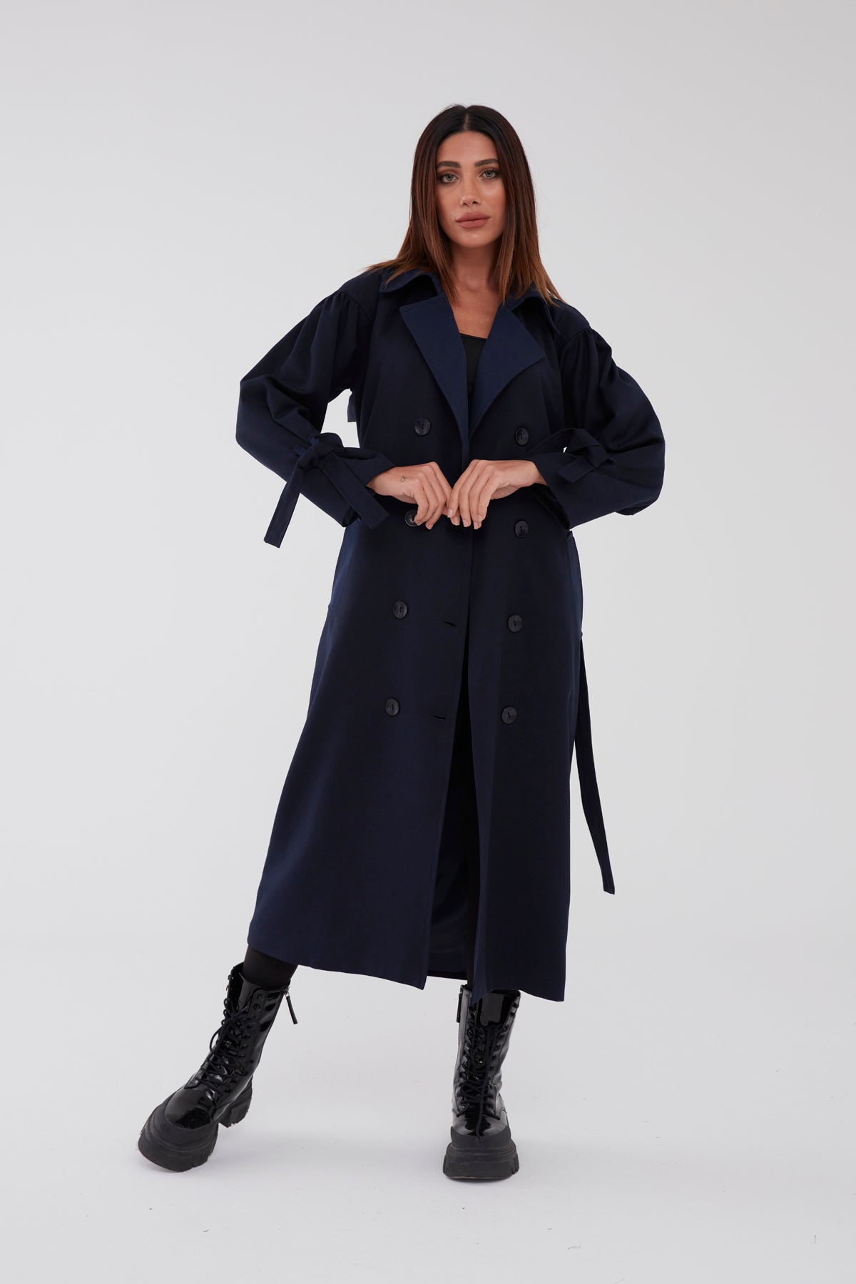 Trençkot Oversize Kol Detaylı Astarlı Geniş Kesim Pleated