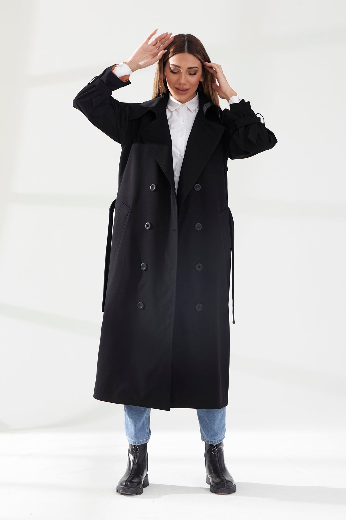 Trençkot Oversize Kol Detaylı Astarlı Geniş Kesim Pleated