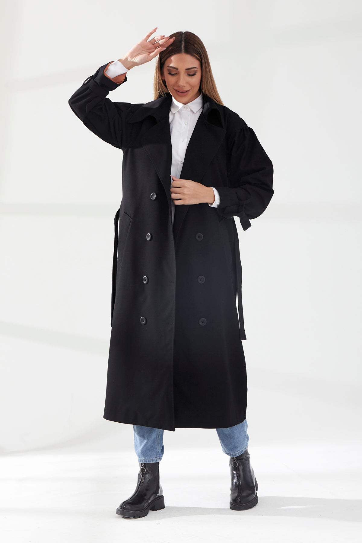 Trençkot Oversize Kol Detaylı Astarlı Geniş Kesim Pleated