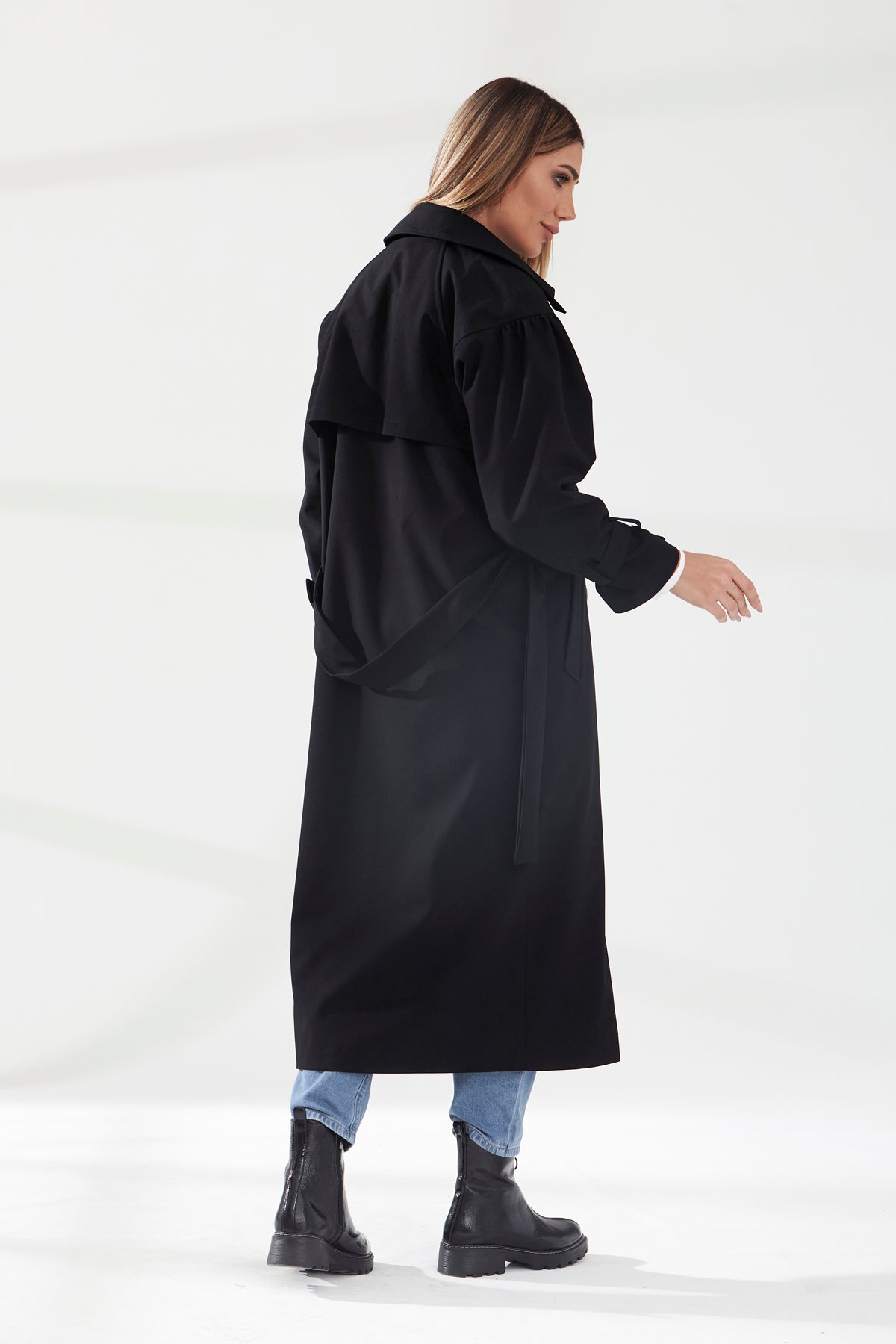 Trençkot Oversize Kol Detaylı Astarlı Geniş Kesim Pleated