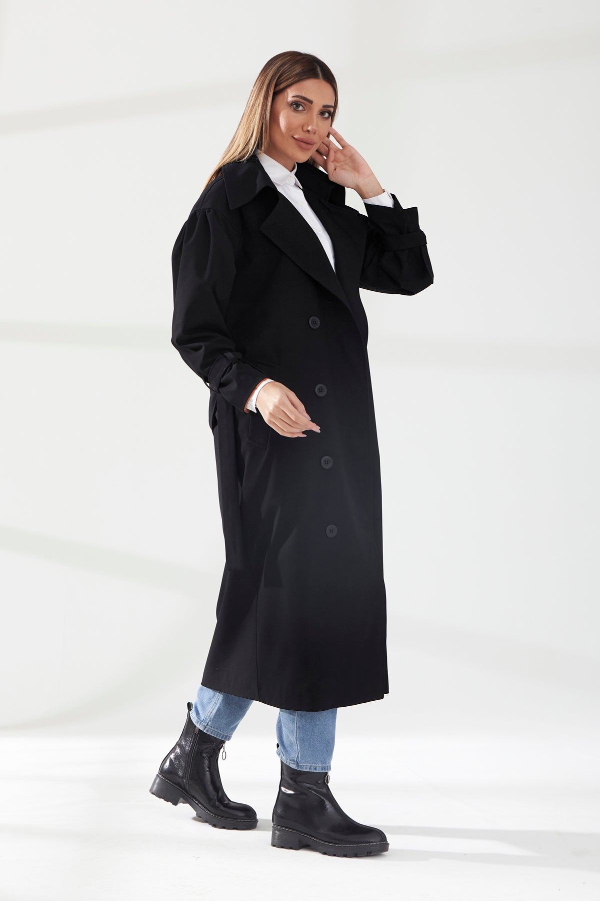 Trençkot Oversize Kol Detaylı Astarlı Geniş Kesim Pleated