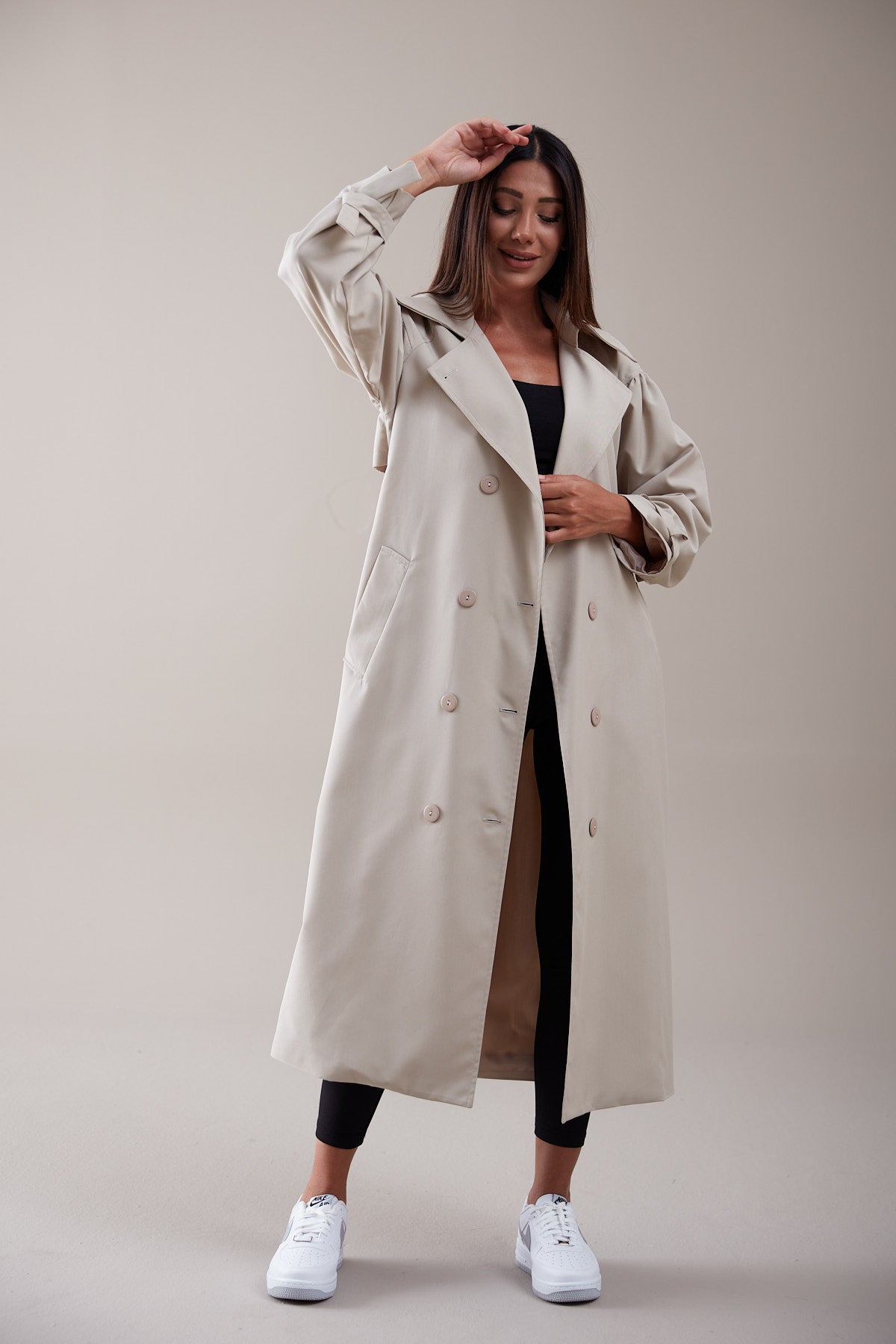 Trençkot Oversize Kol Detaylı Astarlı Geniş Kesim Pleated