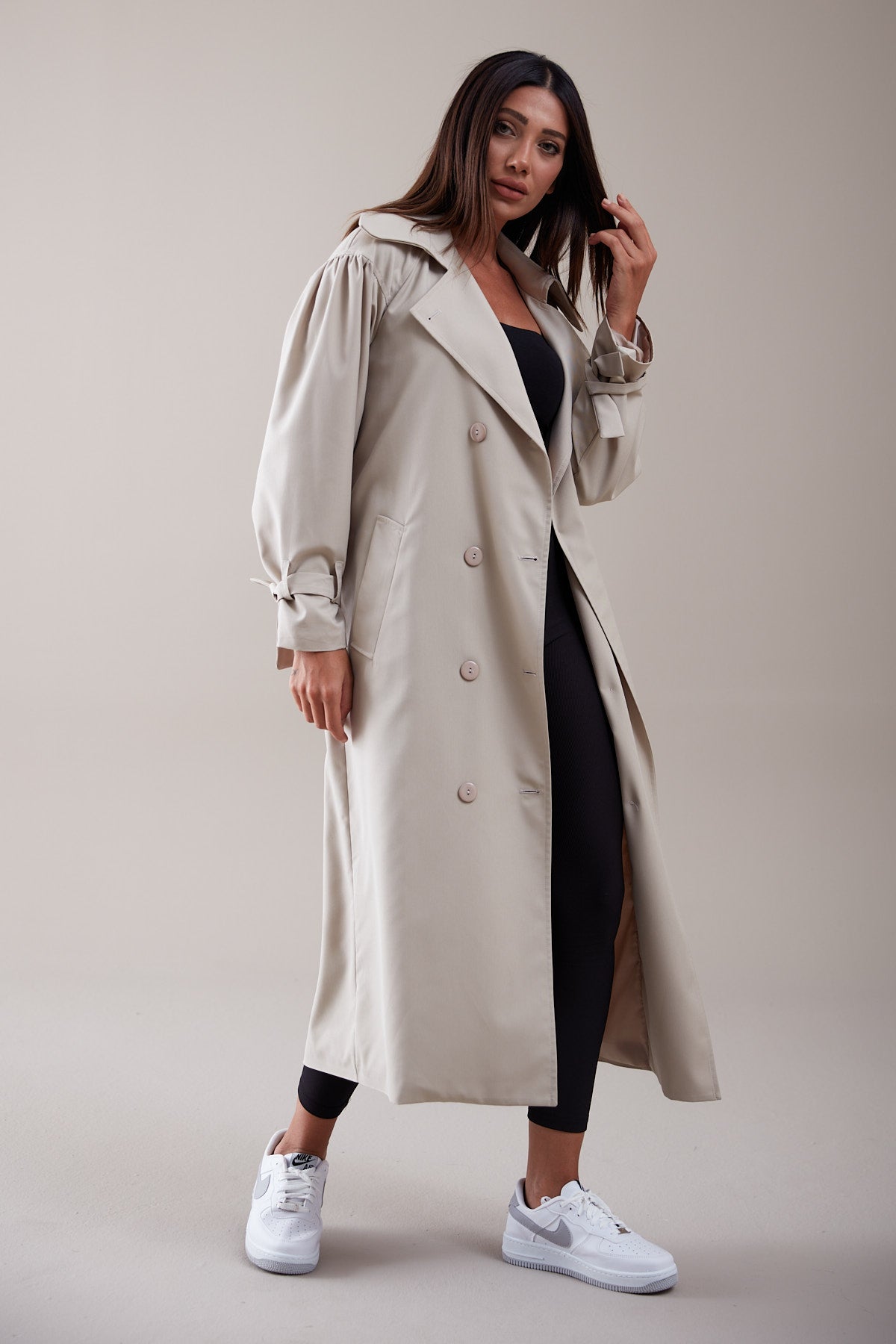Trençkot Oversize Kol Detaylı Astarlı Geniş Kesim Pleated