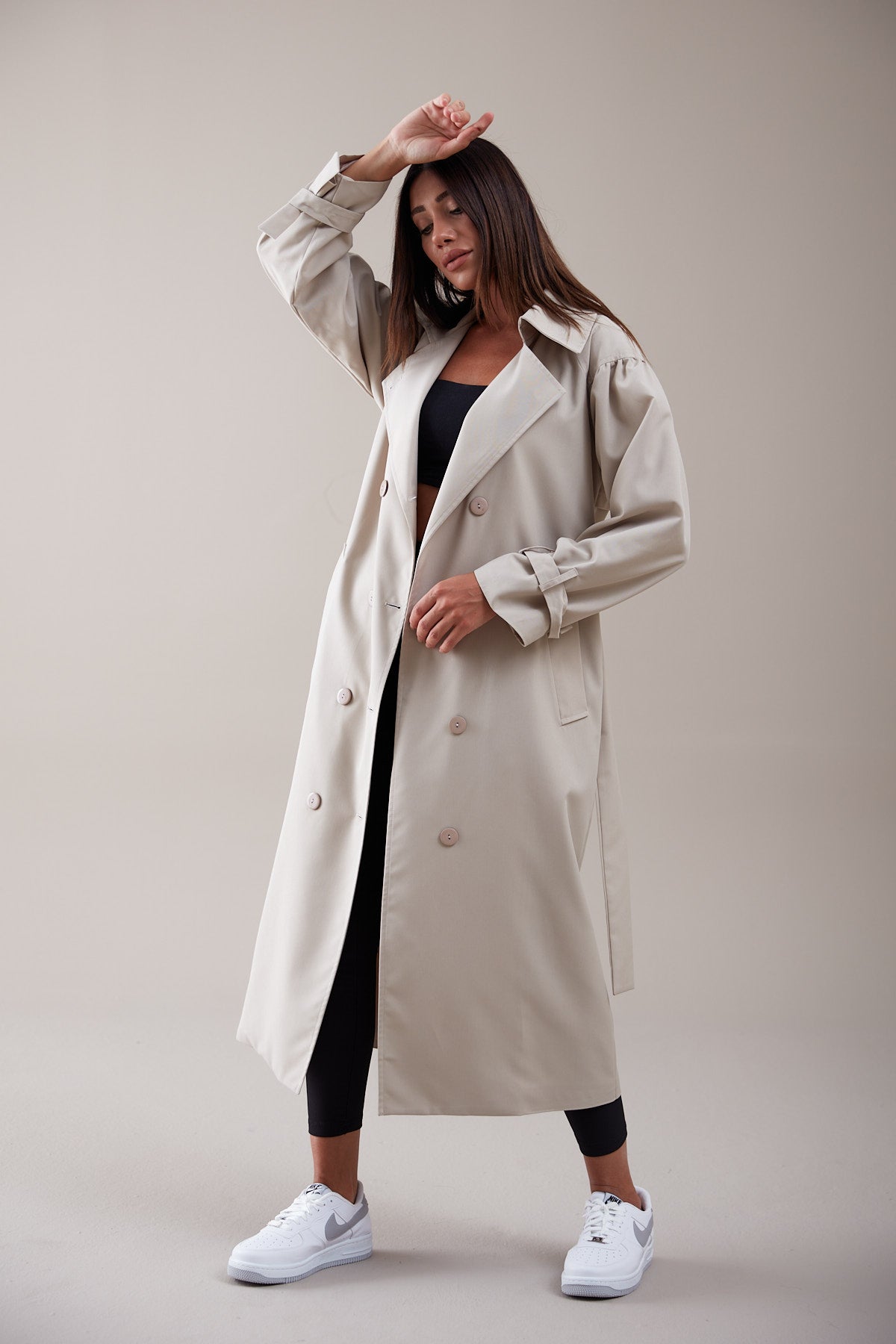 Trençkot Oversize Kol Detaylı Astarlı Geniş Kesim Pleated