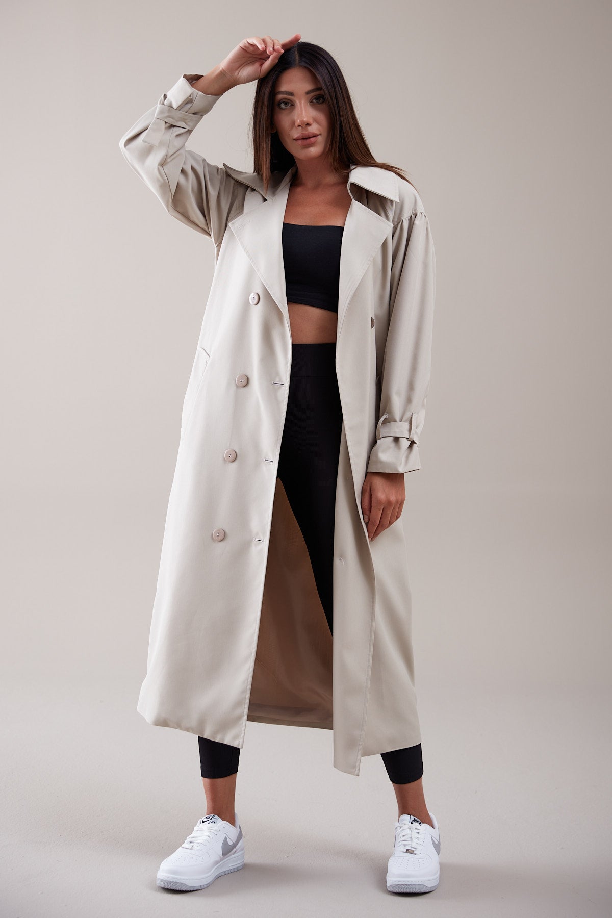 Trençkot Oversize Kol Detaylı Astarlı Geniş Kesim Pleated