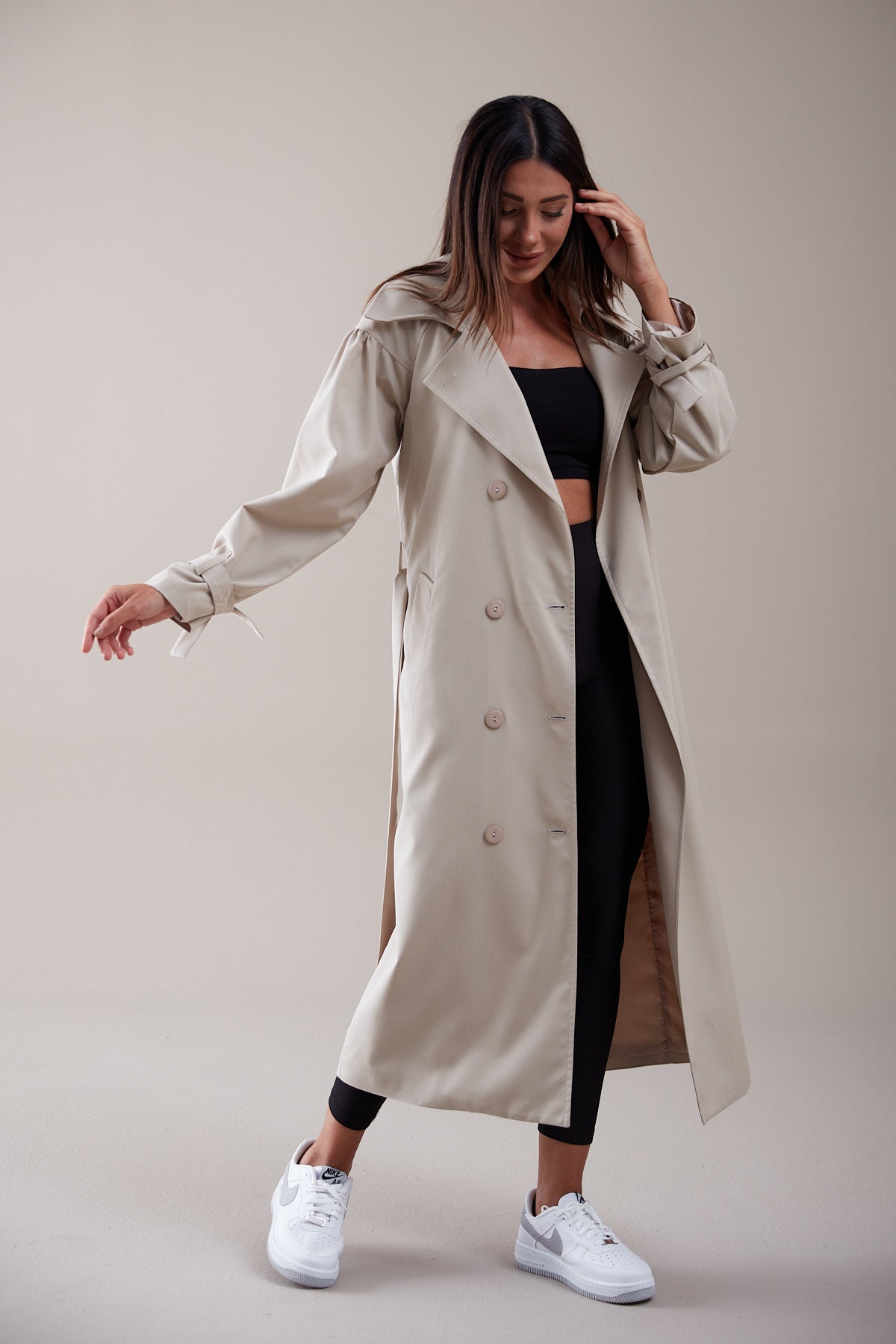 Trençkot Oversize Kol Detaylı Astarlı Geniş Kesim Pleated