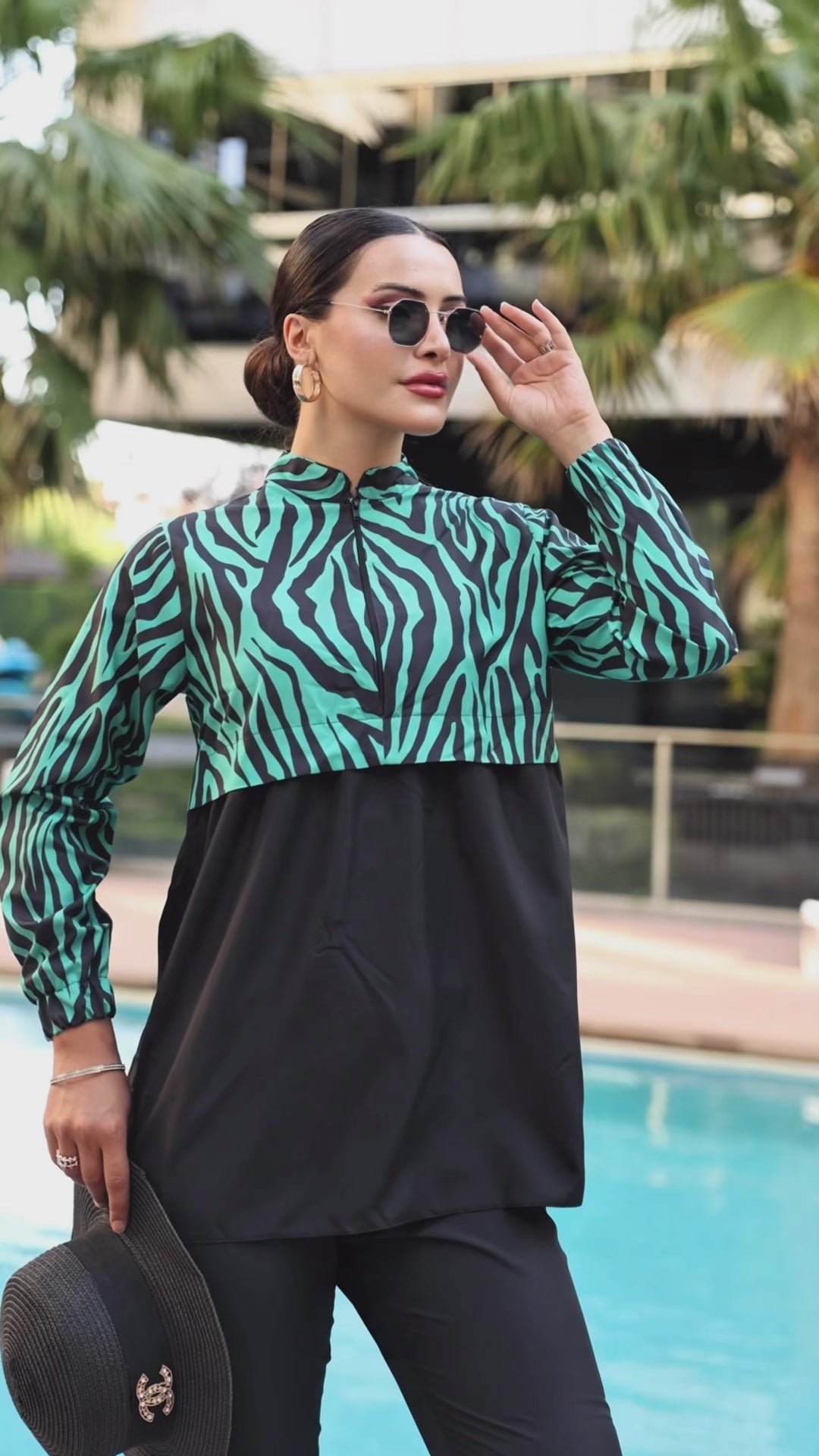 Kadın Zebra Desenli Tam Kapalı Tesettür Mayo Haşema