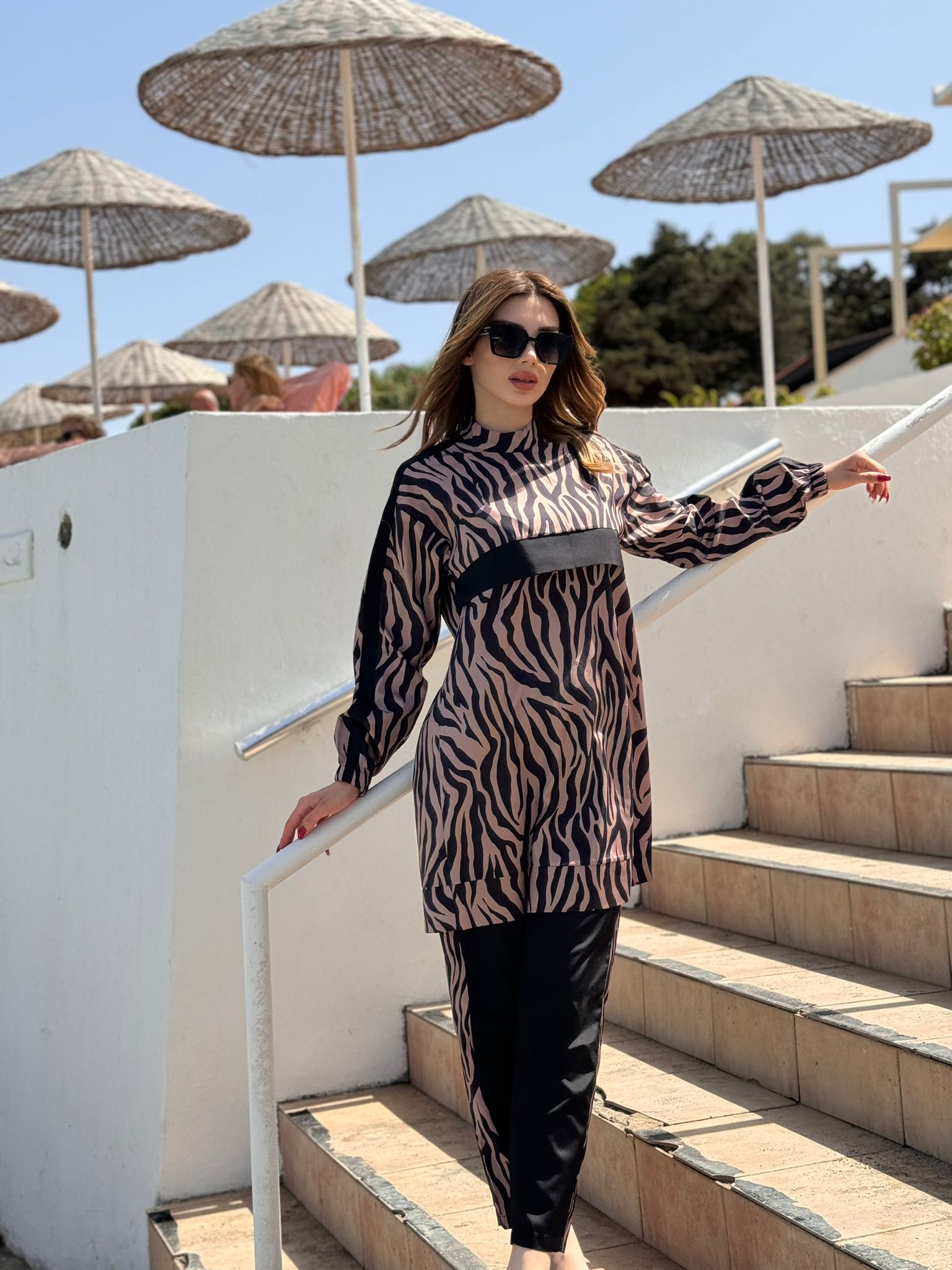 Zebra Desenli Tam Kapalı Tesettür Mayo Haşema