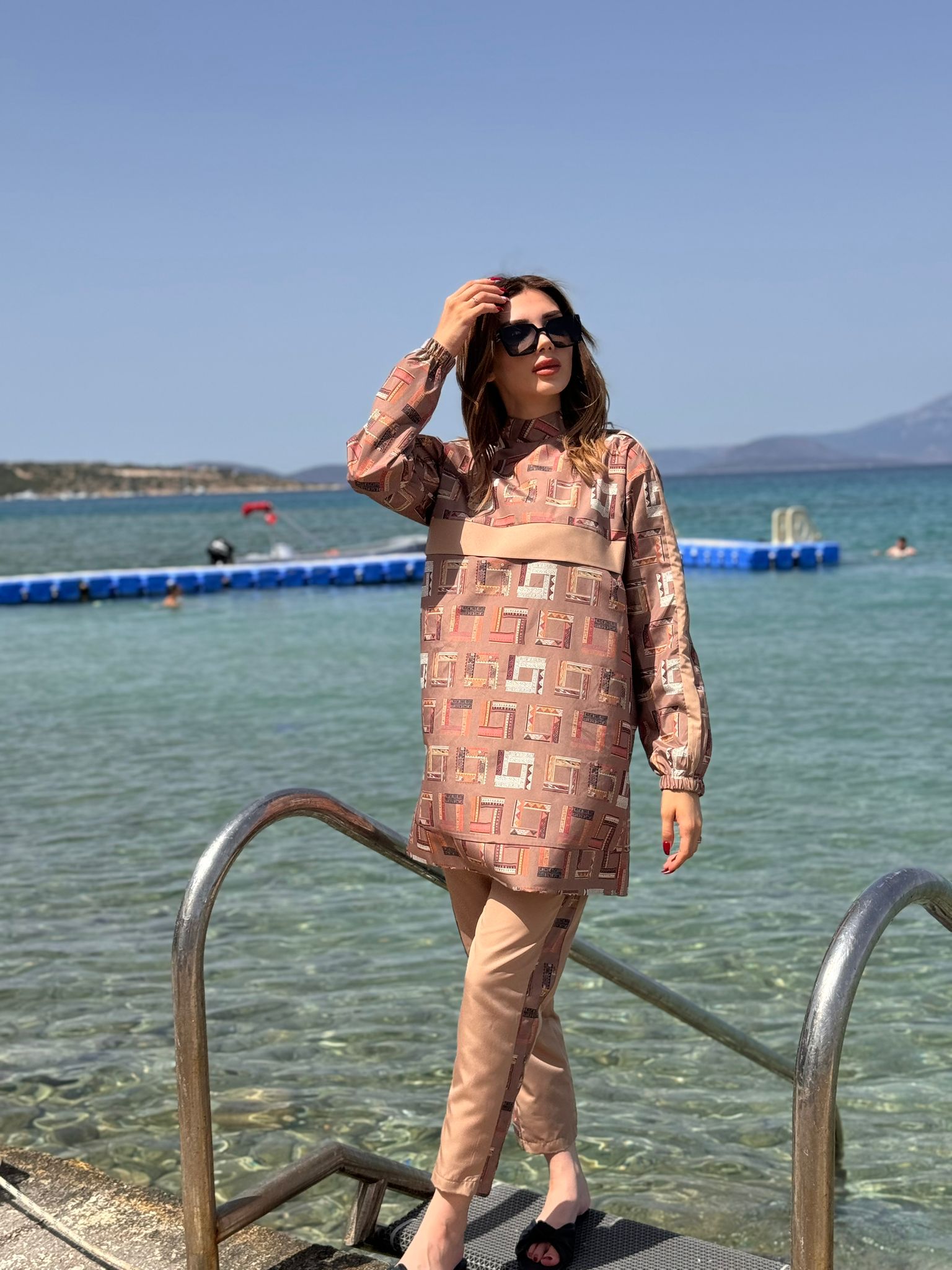 Etnik Desenli Tam Kapalı Tesettür Mayo Haşema