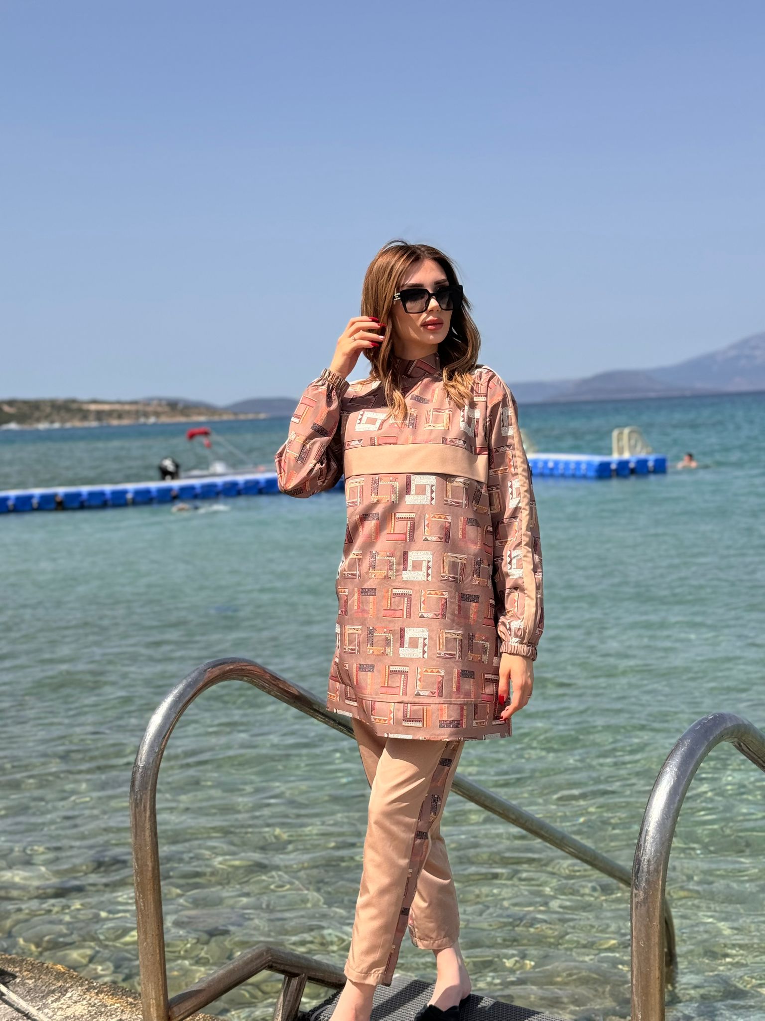 Etnik Desenli Tam Kapalı Tesettür Mayo Haşema