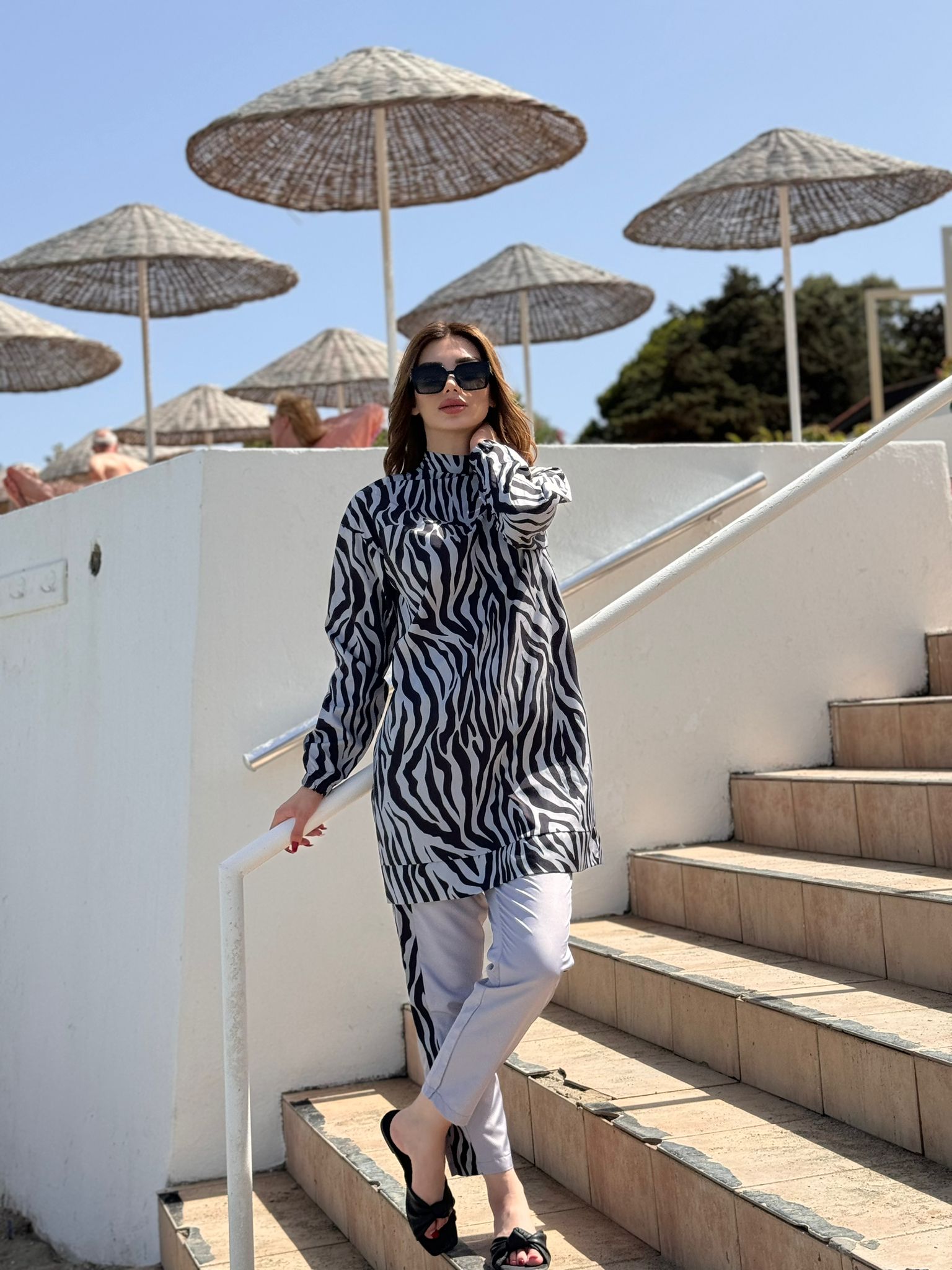 Zebra Desenli Tam Kapalı Tesettür Mayo Haşema