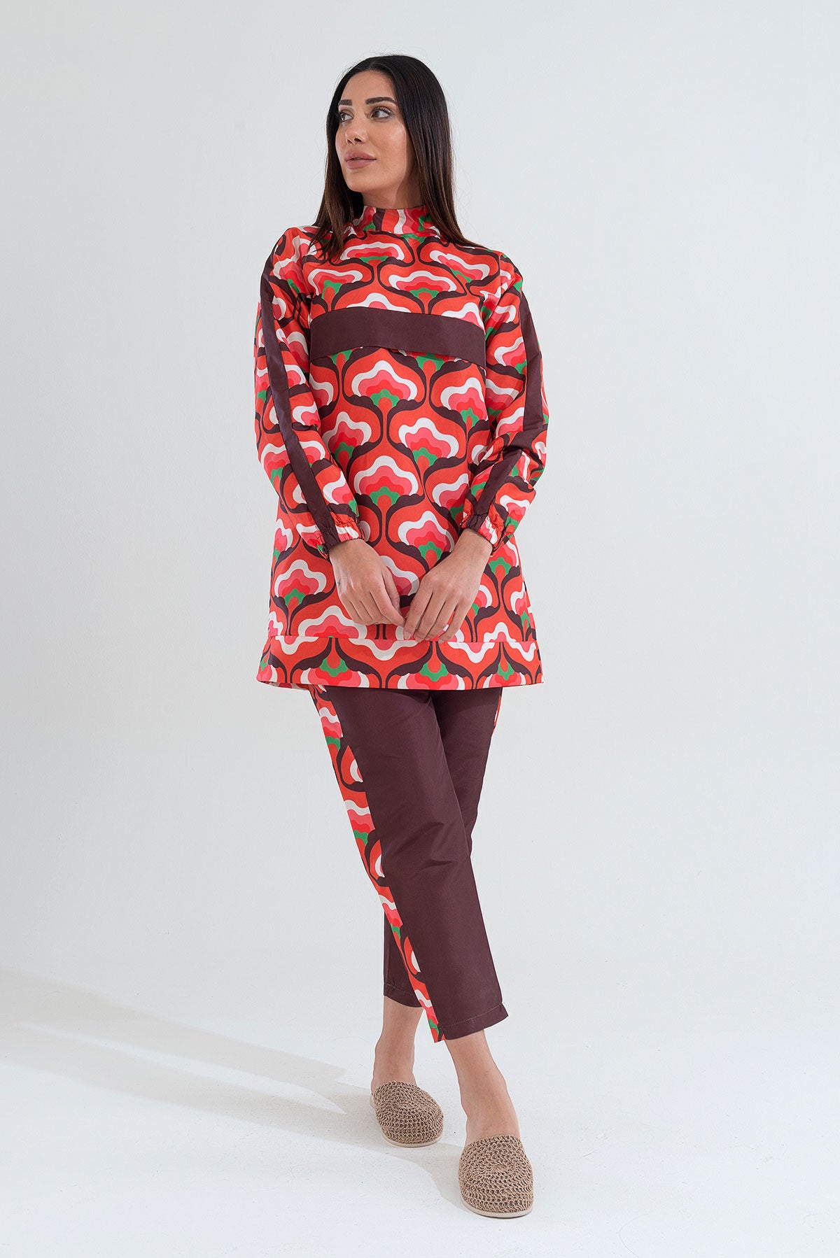 Desenli Tam Kapalı Tesettür Mayo Haşema