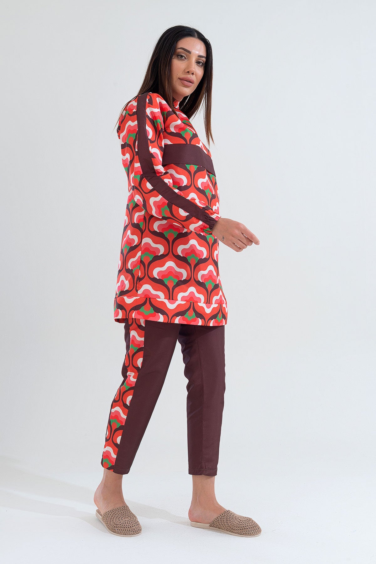 Desenli Tam Kapalı Tesettür Mayo Haşema