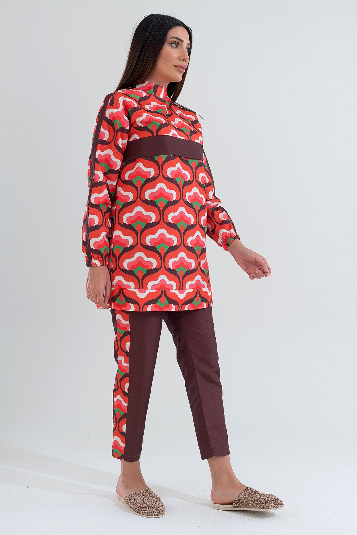 Desenli Tam Kapalı Tesettür Mayo Haşema