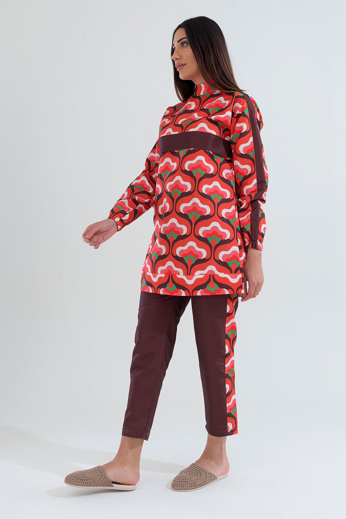 Desenli Tam Kapalı Tesettür Mayo Haşema