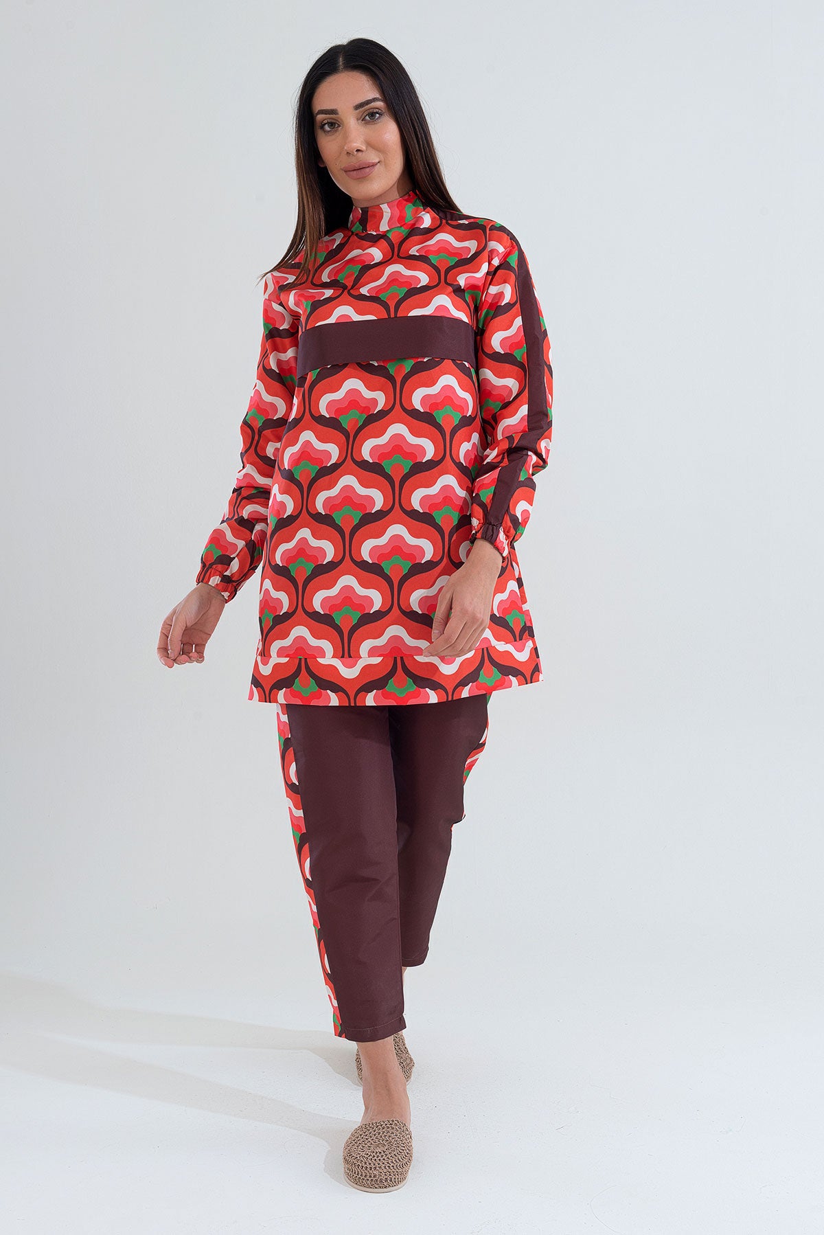 Desenli Tam Kapalı Tesettür Mayo Haşema