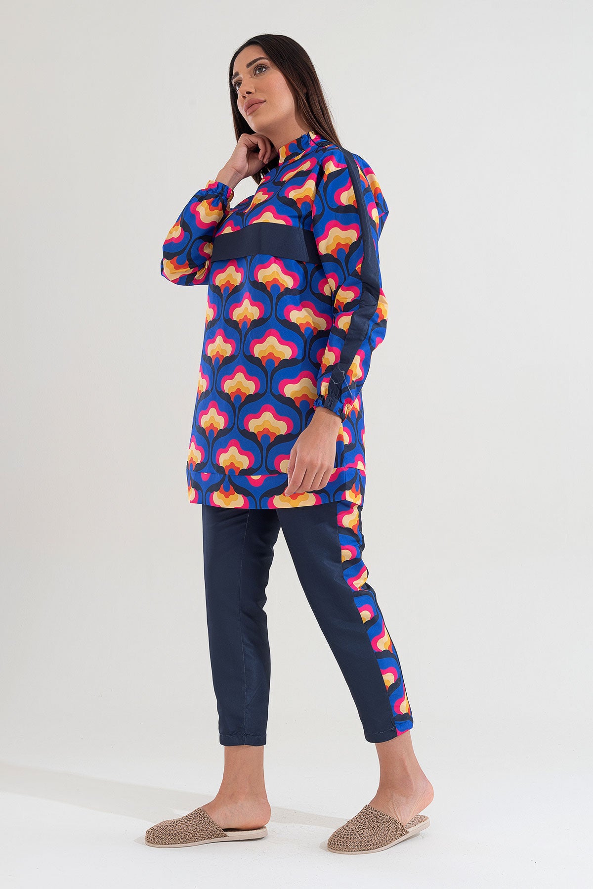 Desenli Tam Kapalı Tesettür Mayo Haşema