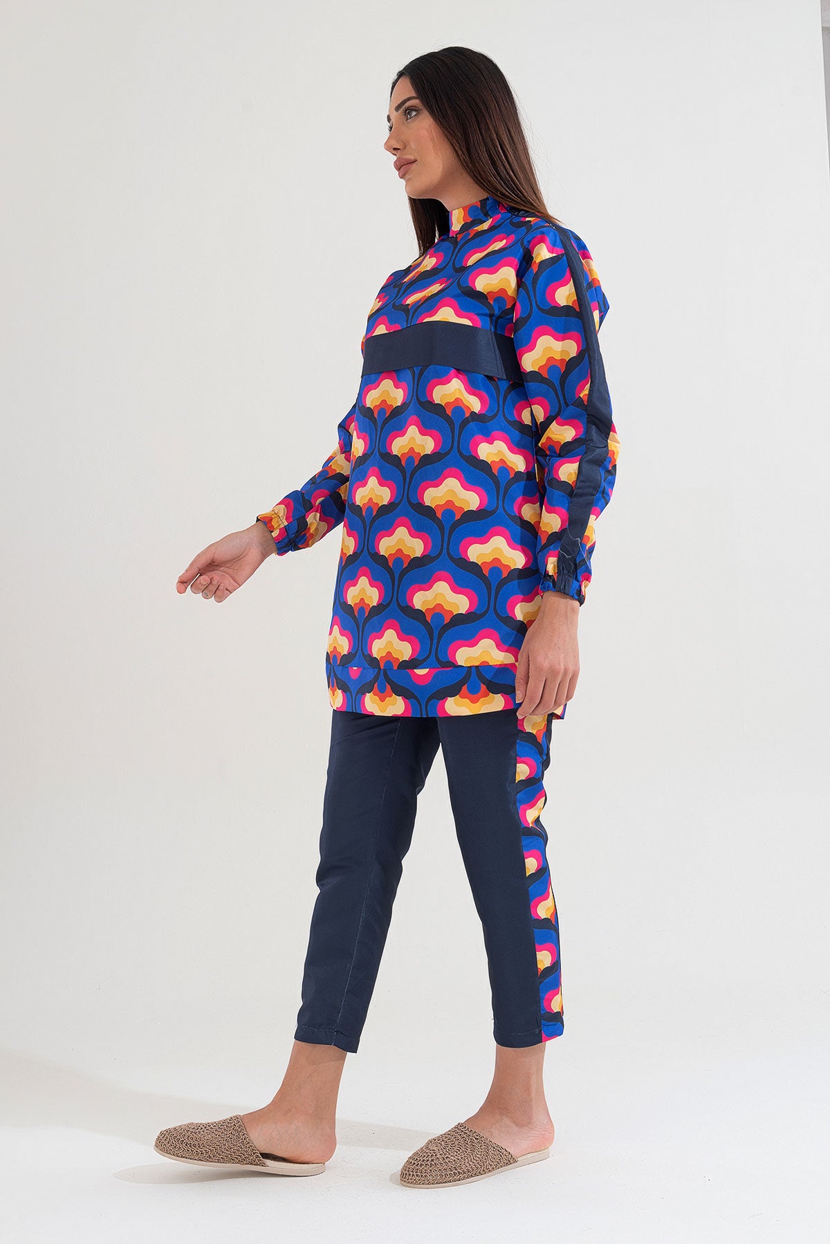 Desenli Tam Kapalı Tesettür Mayo Haşema