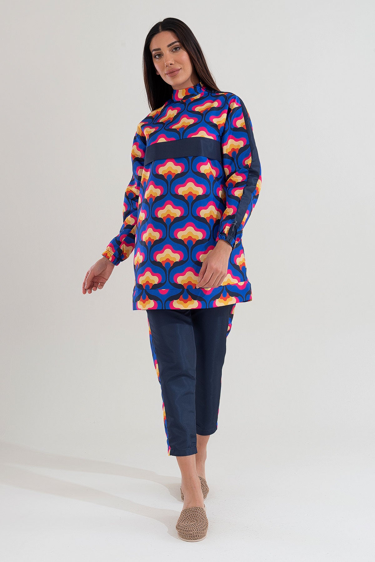 Desenli Tam Kapalı Tesettür Mayo Haşema