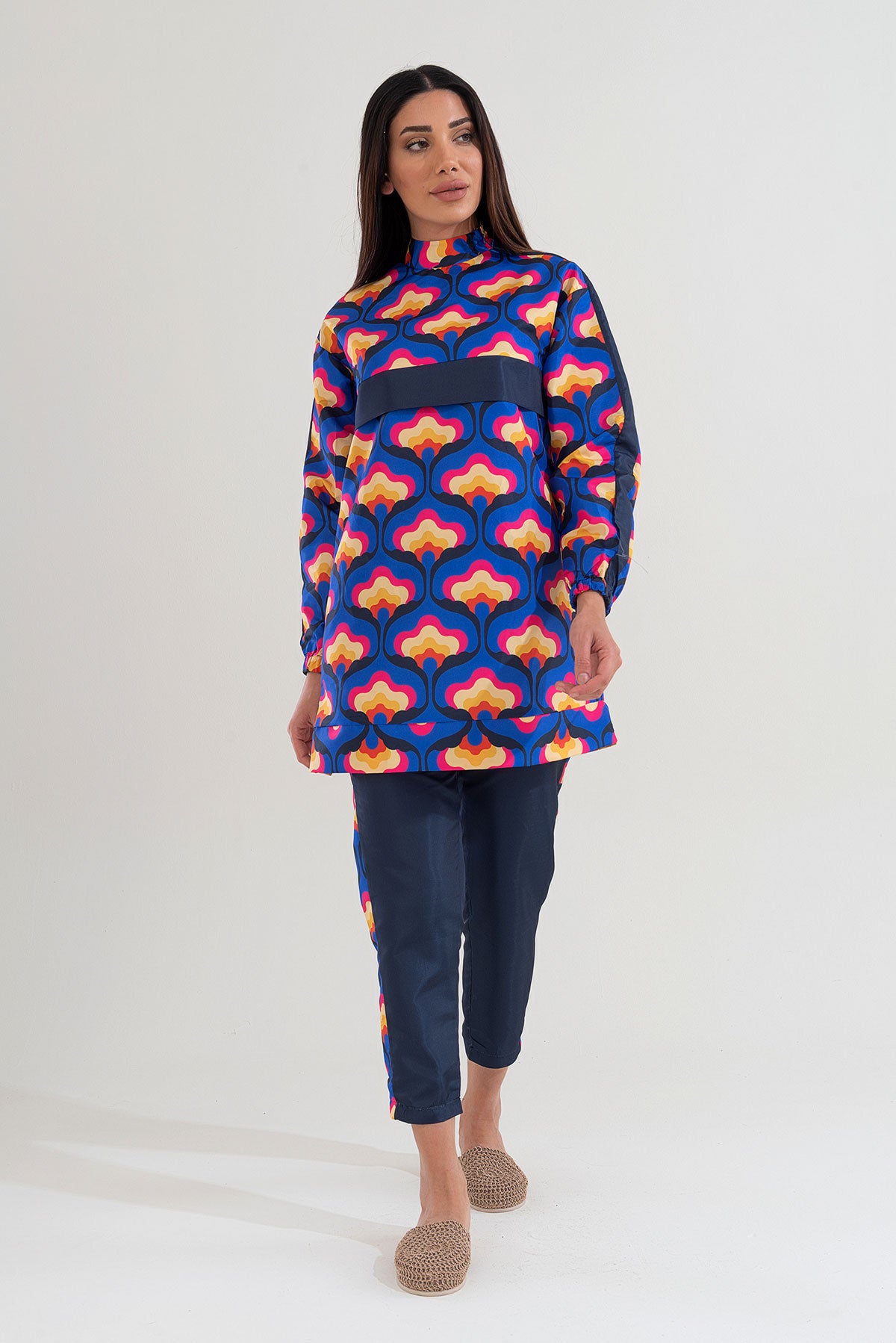 Desenli Tam Kapalı Tesettür Mayo Haşema